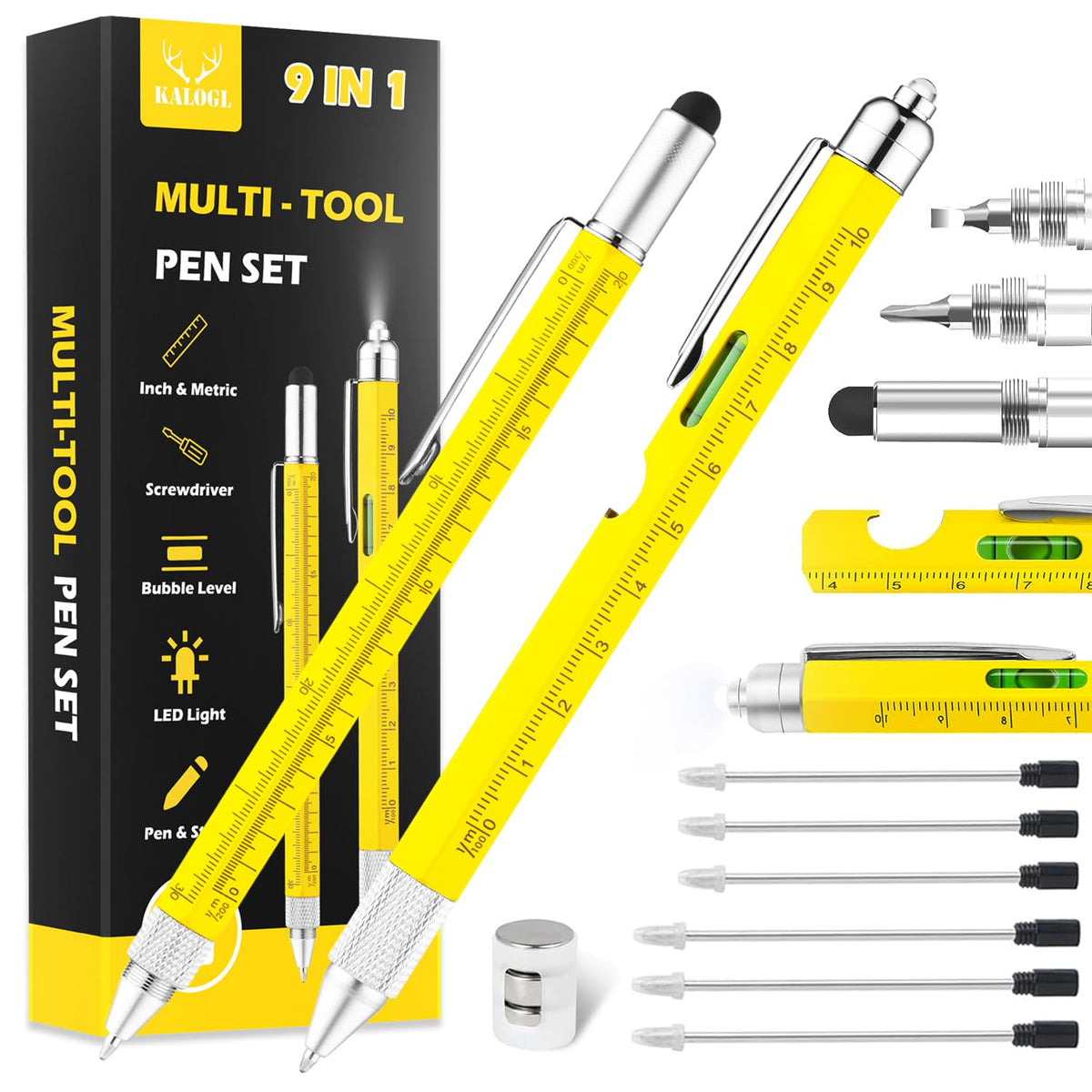 Gifts for Dad Men Him,2 Pack Multitool Pen,Multi-tool Pen with [Stylus, Ballpoint Pen, 6 refills, 4" Ruler, Level, Phillips Screwdriver,LED] (Yellow)