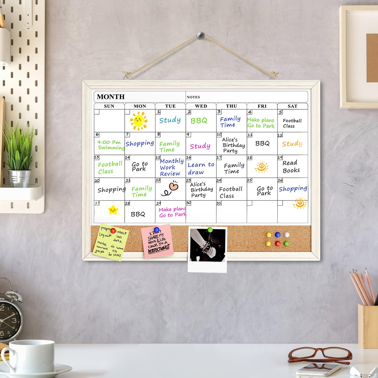 MaxGear Calendar Whiteboard for Wall, 17 x 13 Inch Double Sided Monthly Calendar Whiteboard with Cork Board Strip, Magnetic Dry Erase Board with Wooden Frame for Kitchen and Home Office Planning