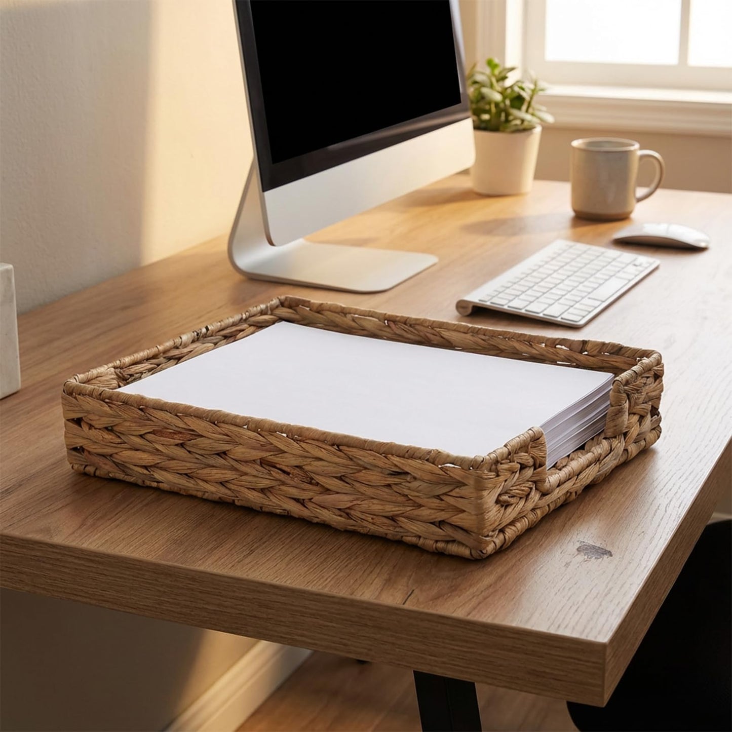 2 Pcs A4 File Tray, Water Hyacinth Desk Basket, Wicker Paper Tray File Baskets, Woven Letter Size Documents Trays, Magazine Files Storage Basket Organizer Bin for Office, Toilet, Desk