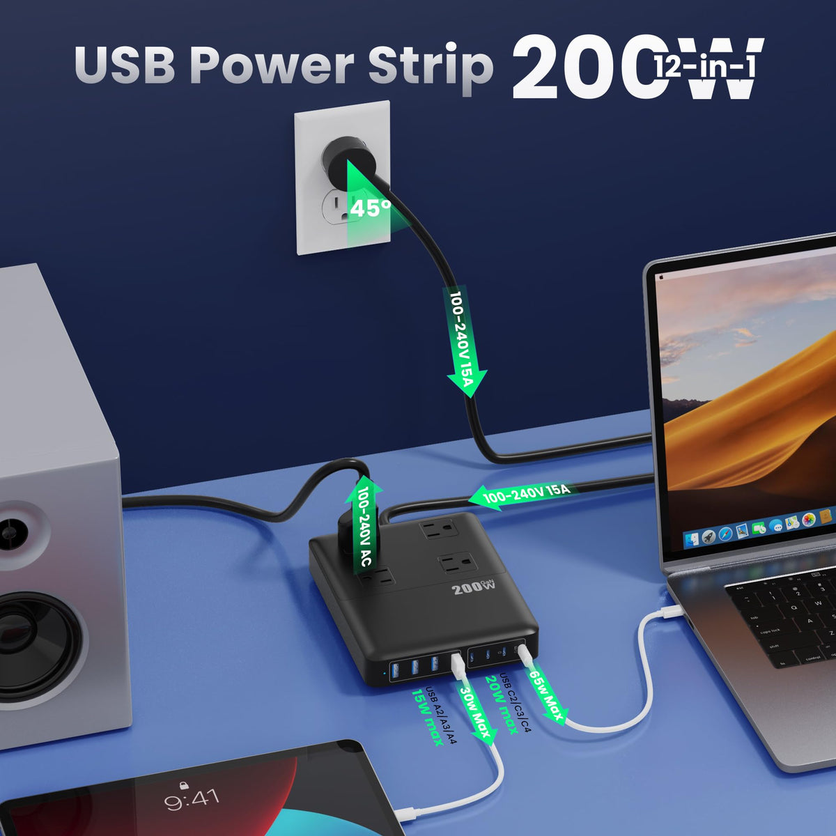 200W Charging Station,12-in-1 USB C Power Strip with Flat Plug and 5ft Extension Cord,4 AC Outlets,4 USB-A,4 USB-C Ports for iPhone 17/16/15,65W PD Fast Laptop Charger for MacBook, Home, Office, Dorm