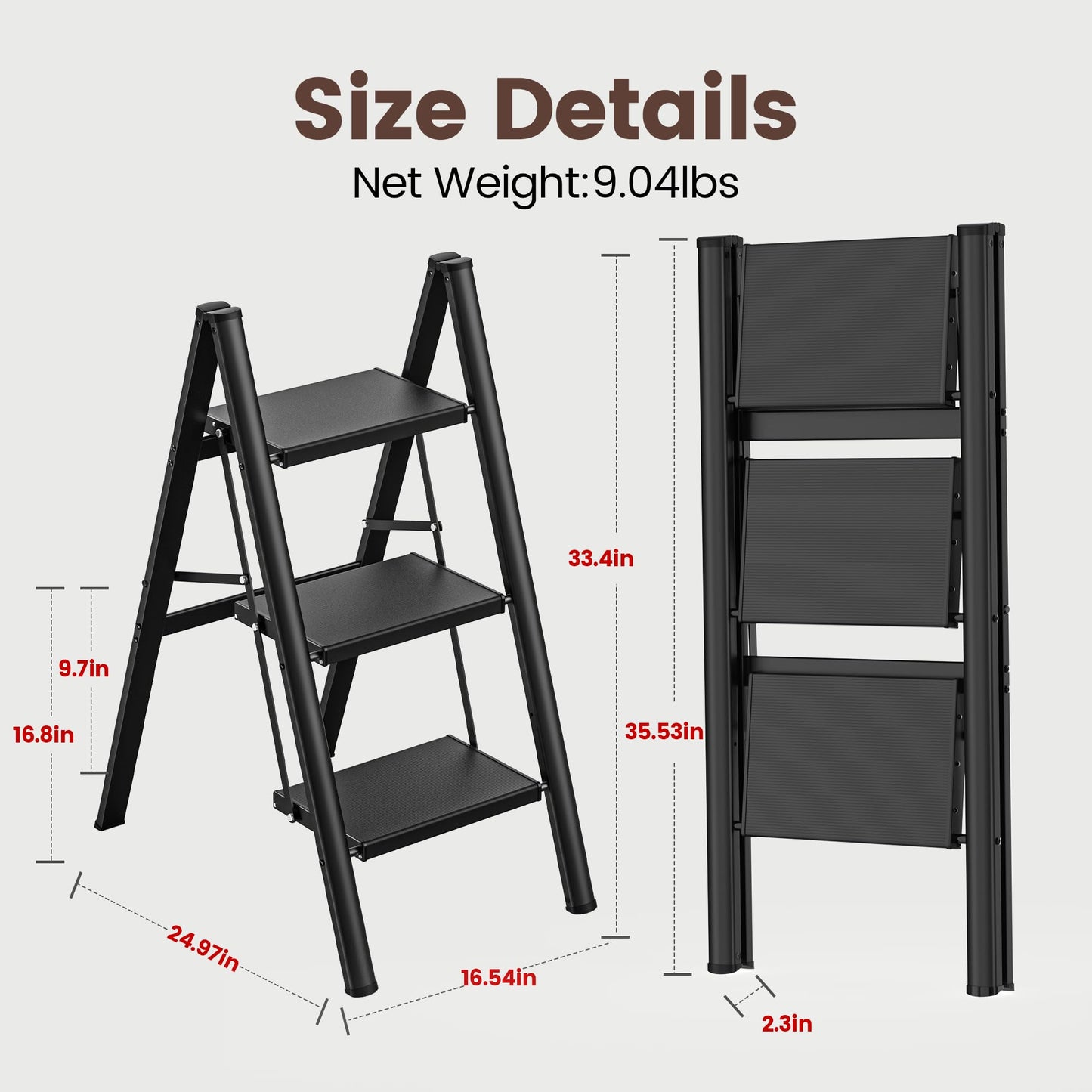 HBTower 3 Step Ladder, Lightweight Aluminum Folding Step Stool, Step Stool Foldable with Wide Anti-Slip Pedal, 330lbs Capacity for Home and Kitchen, Black