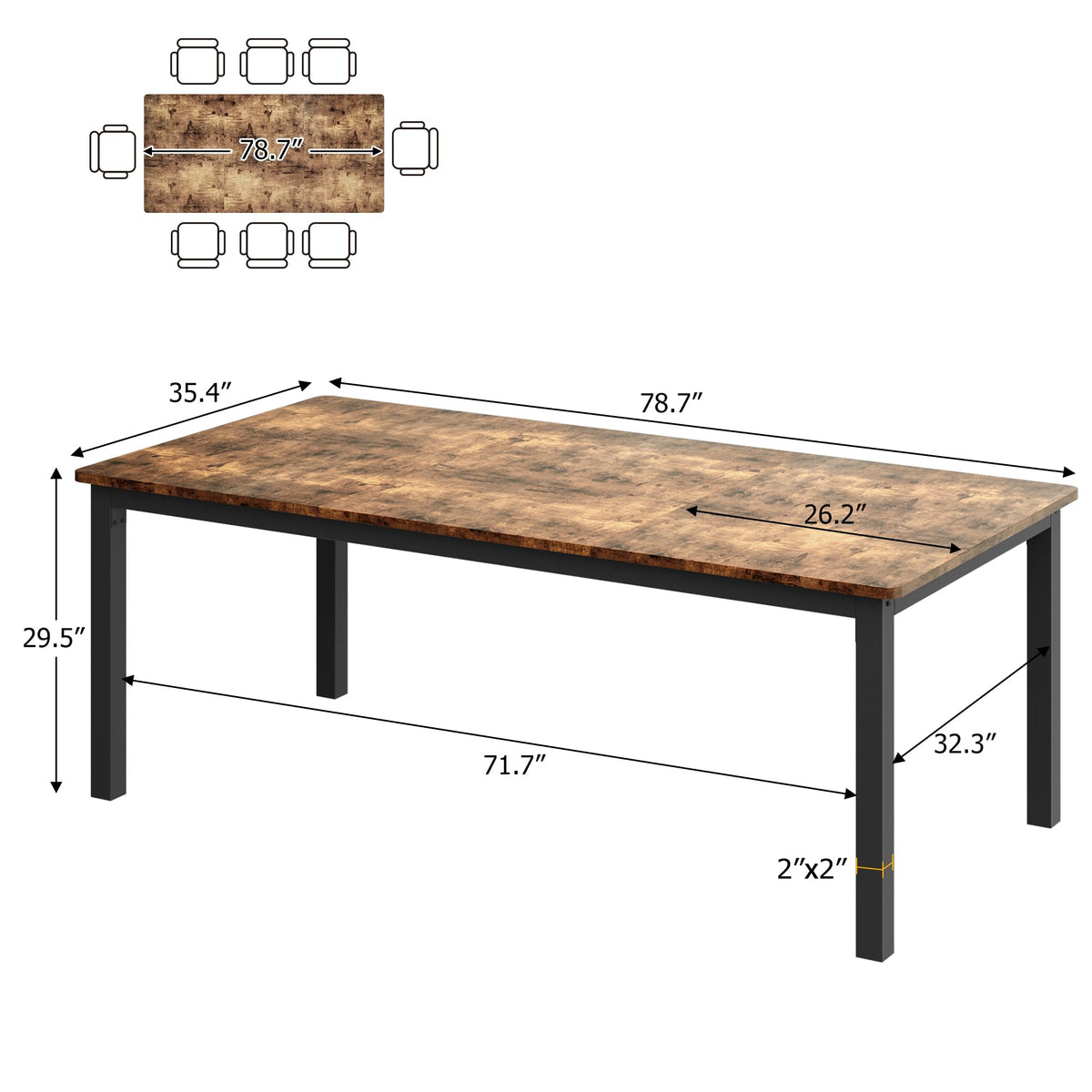 GarveeHome 78.7 in Industrial Dining Table for 6, Wooden Long Dinner Table with Mortise Tenon Design, Kitchen Table with Sturdy Metal Legs, for Dining Room Home Office Living Room, Retro