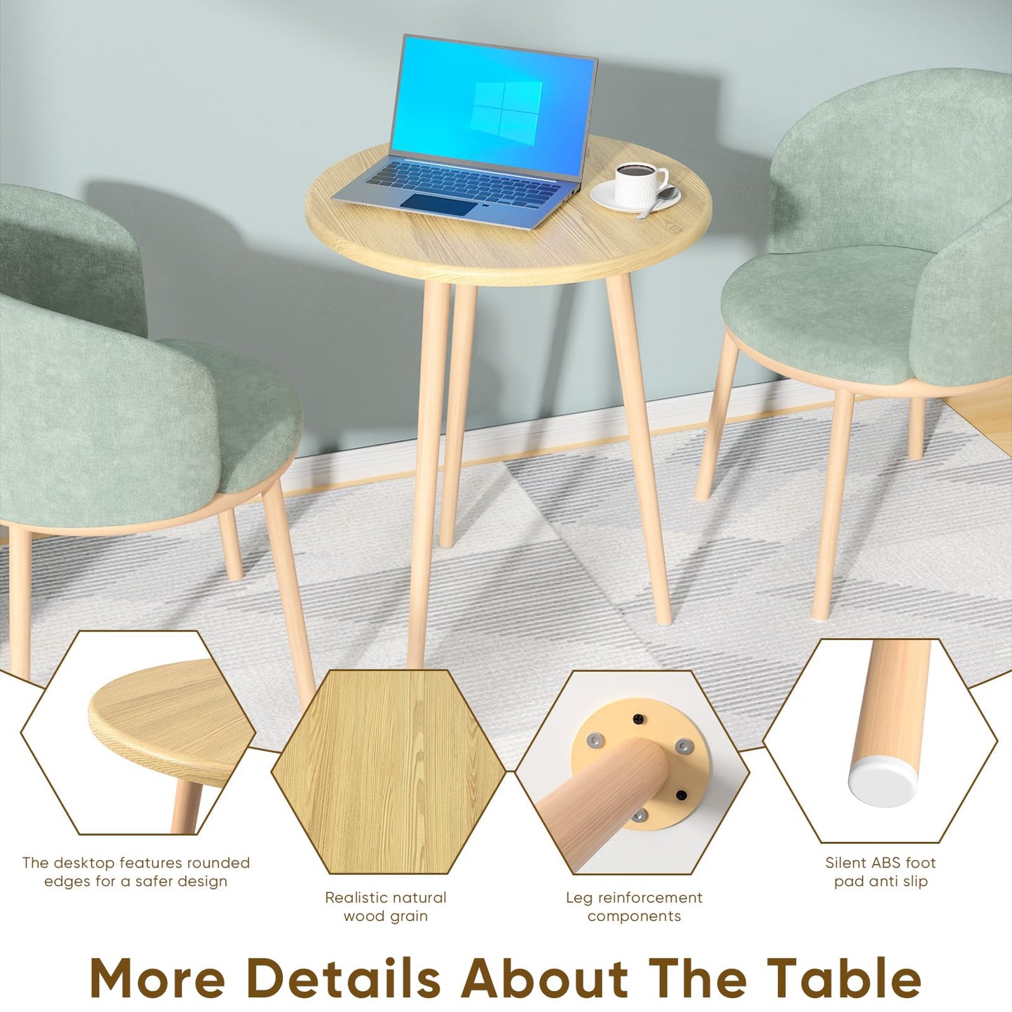 Bloomliving Round Dining Table Set, Upholstered Fabric Chairs with Padded Seat for 2, Modern Nordic Furniture with Sturdy Stainless Steel Legs, Easy to Assemble for Home Office Bistro (Green)