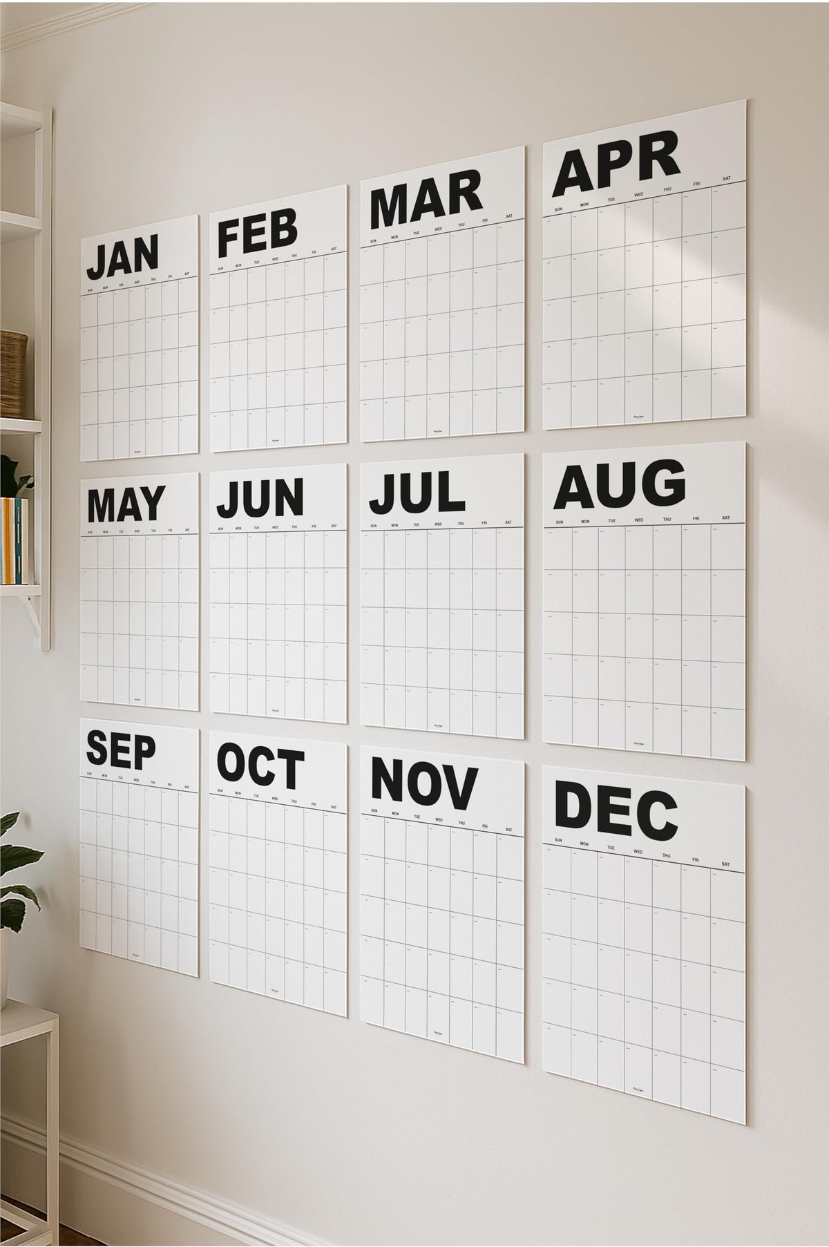 Dry Erase Undated Wall Calendar Planner – Minimal Black Design, Set of 12 A3 Monthly Sheets, Premium Thick Paper, Large Daily Boxes, Glossy Reusable Surface, Packed Flat – Not Folded