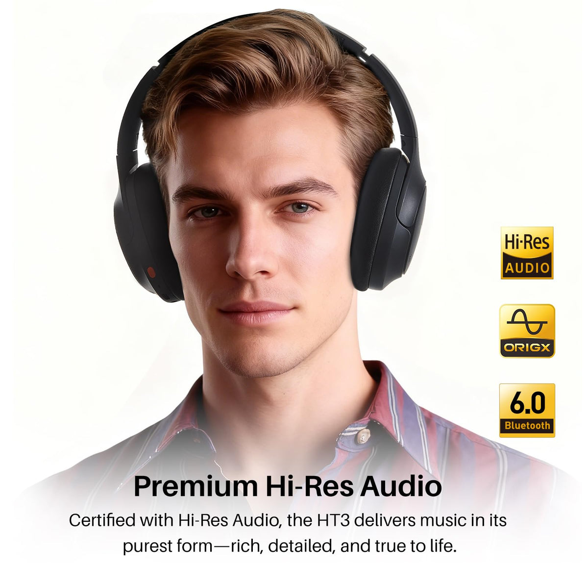 TOZO HT3 Hybrid Noise Cancelling Headphones, 90H Battery Life Wireless Over Ear Bluetooth 6.0 Foldable Headset, AI Voice Assistant with 5 Mics, Connect 2 Devices and Hi-Res Sound, 32 EQ Audio Presets