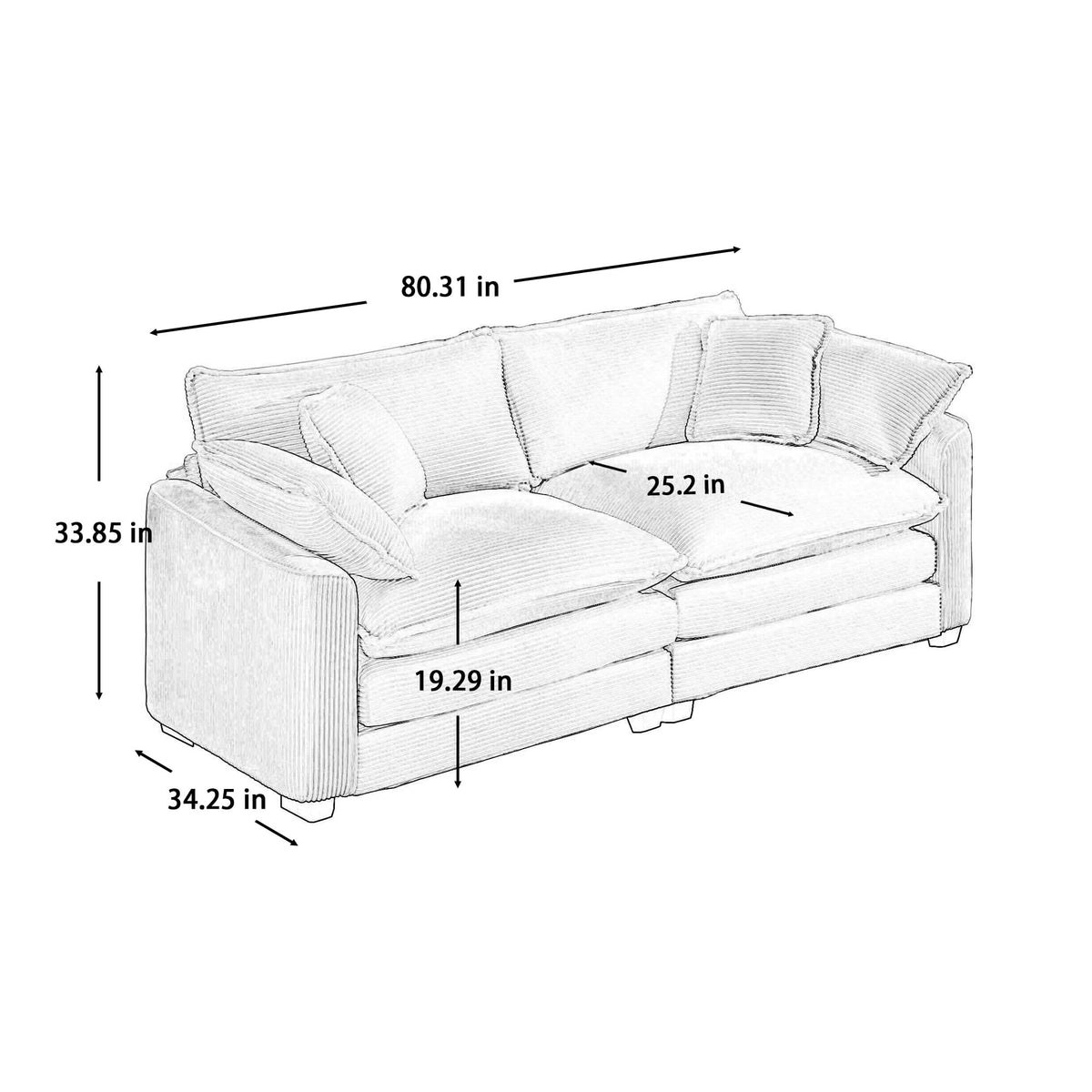 KEIKI 2-Piece Sofa Set with 2 Oversized Corduroy Loveseat Sofa, Upholstered Modern 4-Seater Corner Couch Set with 8 Pillow, High-Density Foam Cushions, Removable Armrests, for Living Room, Green