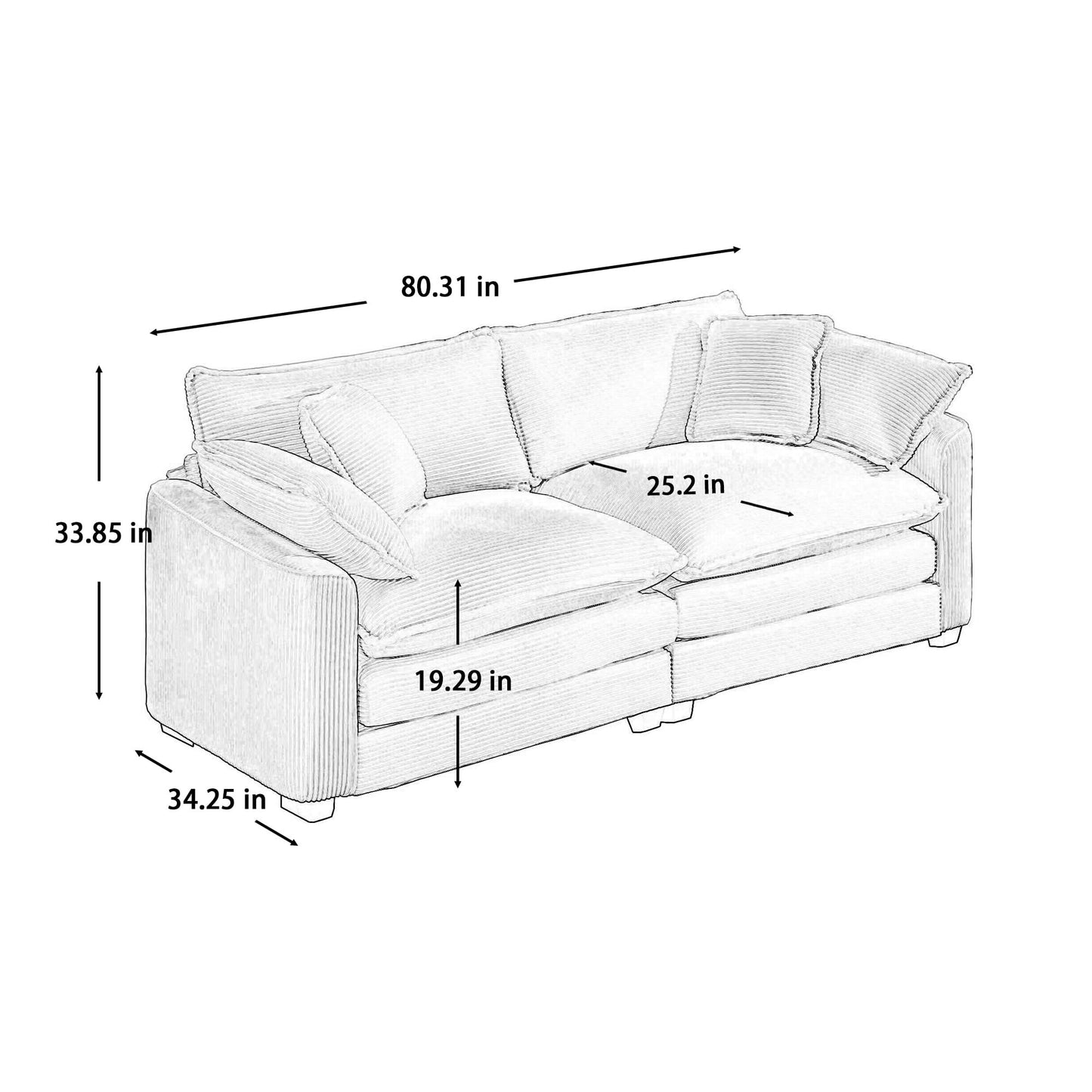KEIKI 2-Piece Sofa Set with 2 Oversized Corduroy Loveseat Sofa, Upholstered Modern 4-Seater Corner Couch Set with 8 Pillow, High-Density Foam Cushions, Removable Armrests, for Living Room, Grey