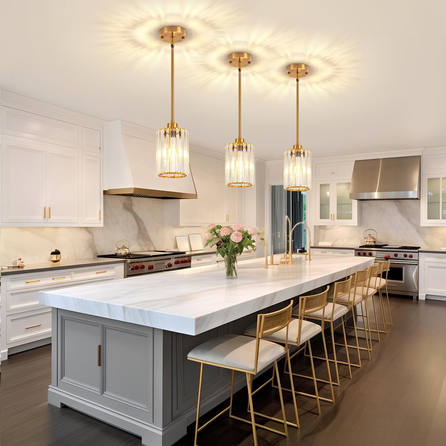 3 Pack Brushed Gold Pendant Lights Kitchen Island, Modern Crystal Kitchen Pendant Lighting Over Island Dining Room Light Fixtures Adjustable Hanging Pendant Light for Bathroom Hallway Foyer Bedroom
