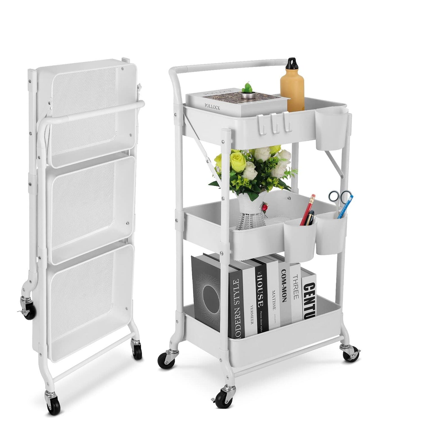 johgee Foldable 3 Tier Metal Utility Rolling Cart, Folding Mobile Multi-Function Storage Trolley Organizer Cart for Home Library Office(White)