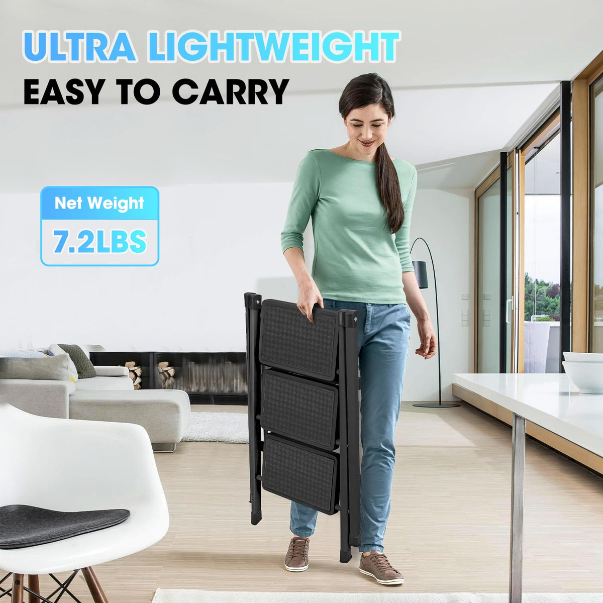 3 Step Ladder, Folding Step Stool for Adults, Lightweight Aluminum Step Ladder, Portable 330 LBS Capacity Ladders for Home Kitchen Library Office, Small Step Stools with Anti-Slip Wide Pedals