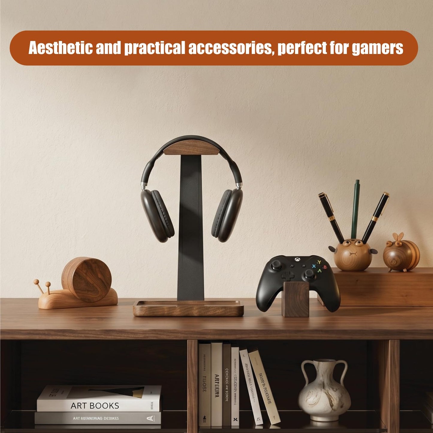 Damuzhi Headphone Stand with Gaming Controller Holder, Walnut Wood Headphone Stand with Gifts for Gamers, Gaming Accessories for Desk
