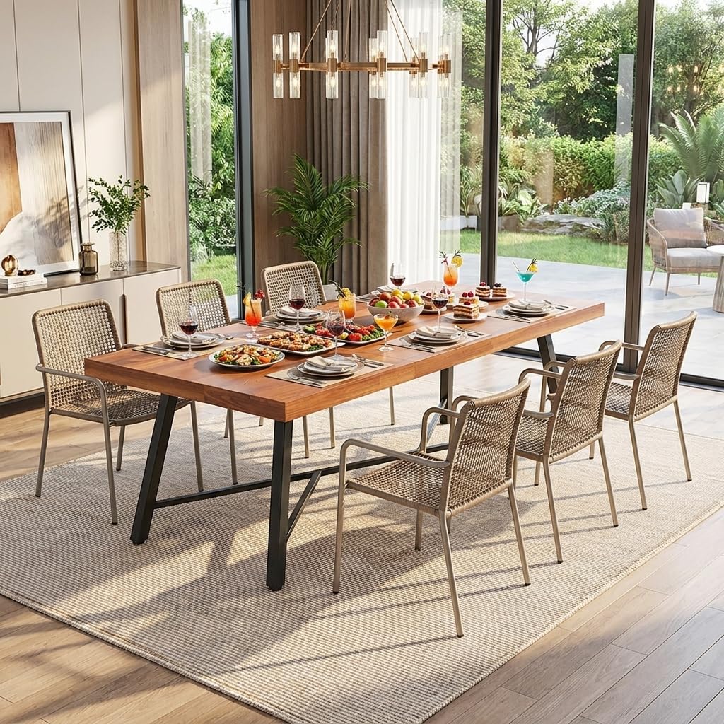 YITAHOME 68.9-Inch Rectangular Dinner Table, Solid Acacia Wood Dining Table with Metal Frame, Heavy Duty Outdoor Wood Rectangle Table for Patio, Garden, 500 LBS Capacity