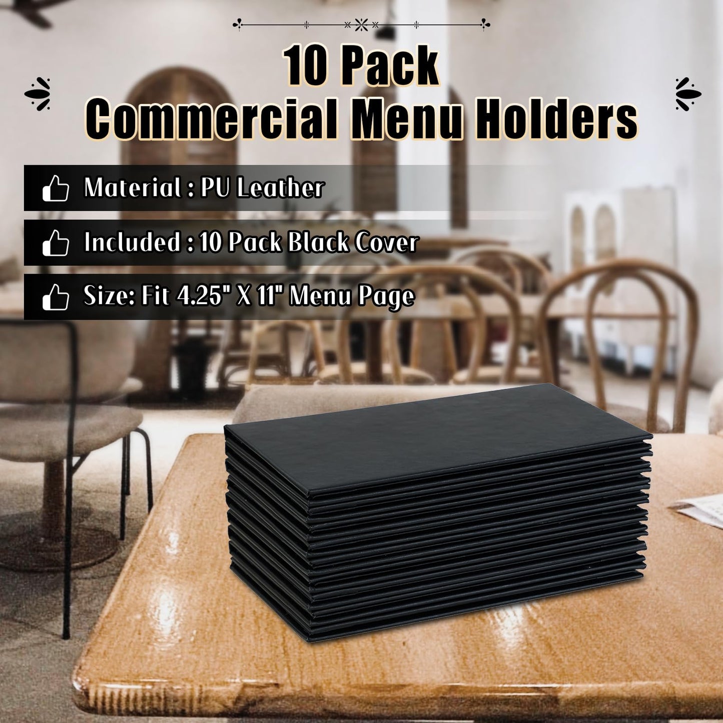 FLKQC Restaurant Menu Covers Holders 4.25" x 11" | Pack of 10 Synthetic Leather Triple Fold Panels 4 View Angled Corners Black for Wine List, Drinks (10, Triple Fold Panels 4 View (4.25 x 11 inch))