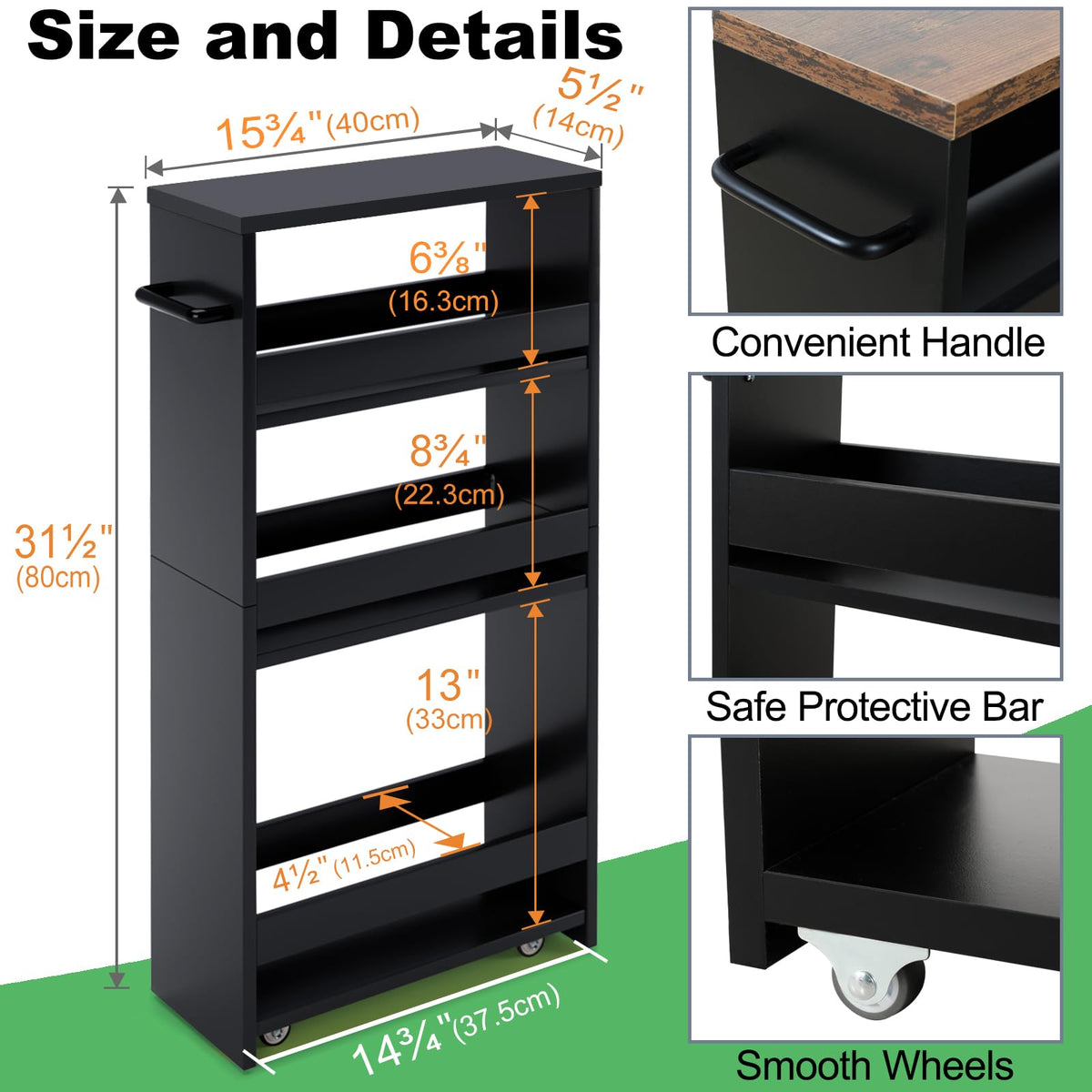 MARTY Slim Rolling Storage Cart 4-Tier Kitchen Cart with Wheels, Laundry Room Storage with Handle Slide Out Utility Cart Shelving Unit Organizer Trolley for Narrow Places Bathroom Small Corner, Black