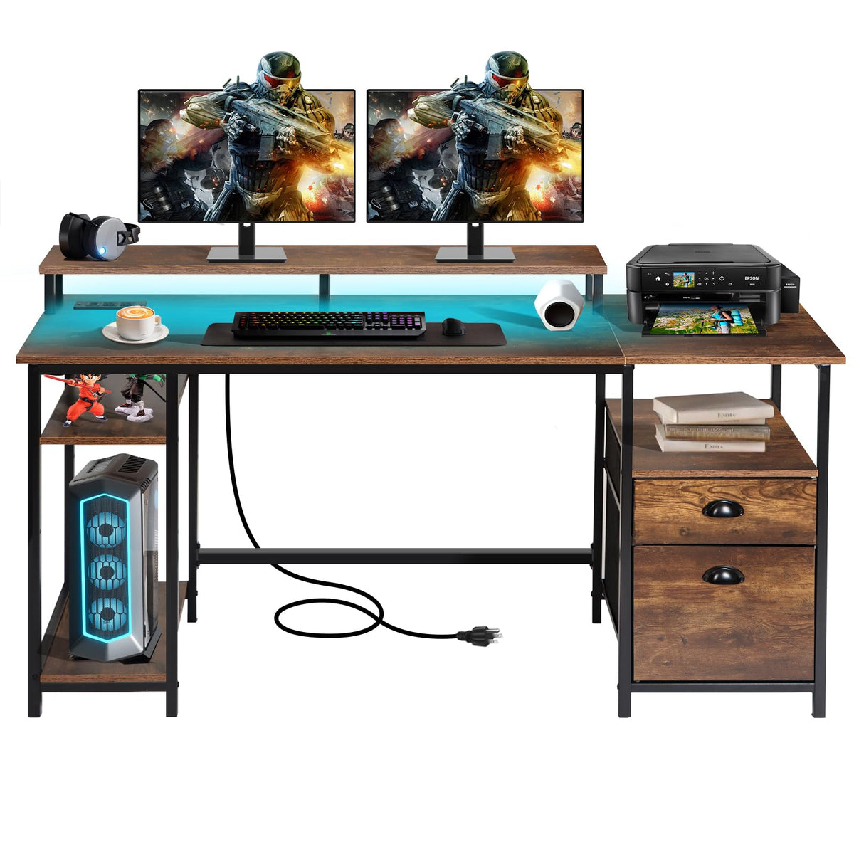 Panana 61.4" Computer Desk with Power Outlet and LED Lights, Desk with 2 Fabric File Cabinet Drawer, Large Reversible Gaming Desk with Shelves and Monitor Stand, Writing Study Desk for Home Office