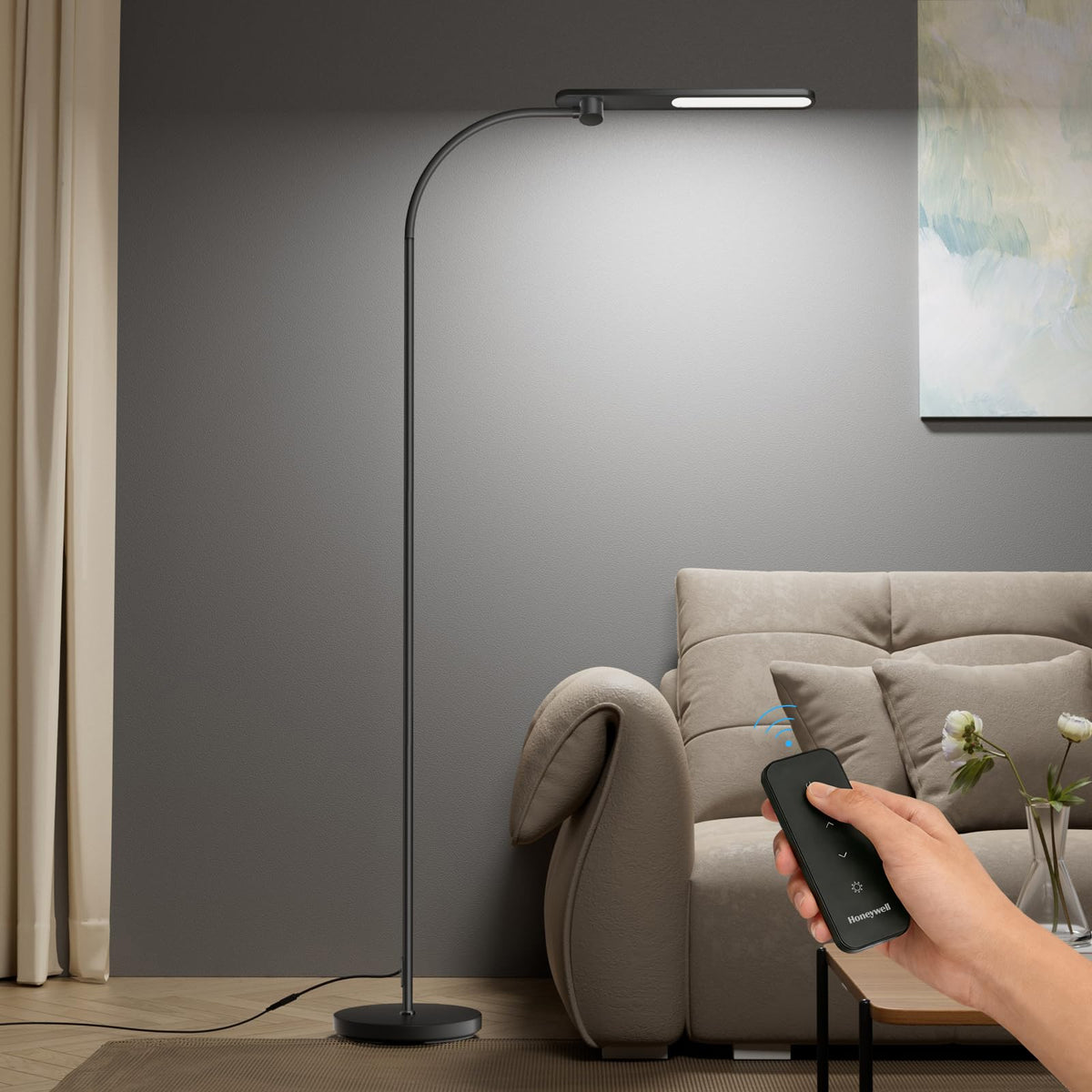 Honeywell LED Floor Lamp with Remote, CRI97 Full Spectrum Eye-Caring Reading Lamp, Stepless Dimmable 3000K-5000K Task Floor Lamp with Flexible Gooseneck for Living Room, Bedroom, Office