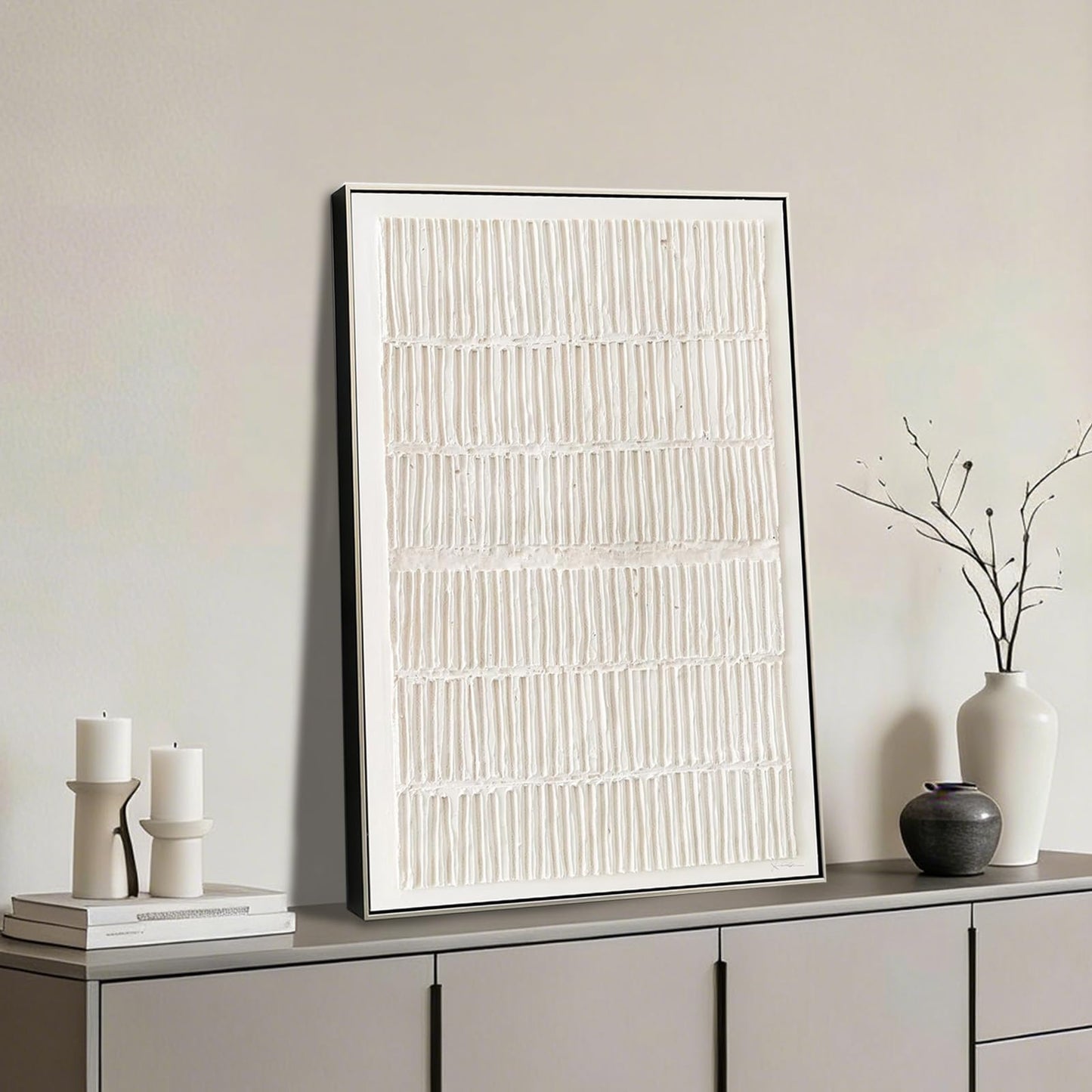 VGICH Large Framed Canvas Wall Art, Modern Abstract Wall Art for Living Room, Beige Textured 100% Hand-painted Painting, Minimalist Wall Decor for Living Room, Bedroom, Office, Hallway, 27x43 Inch