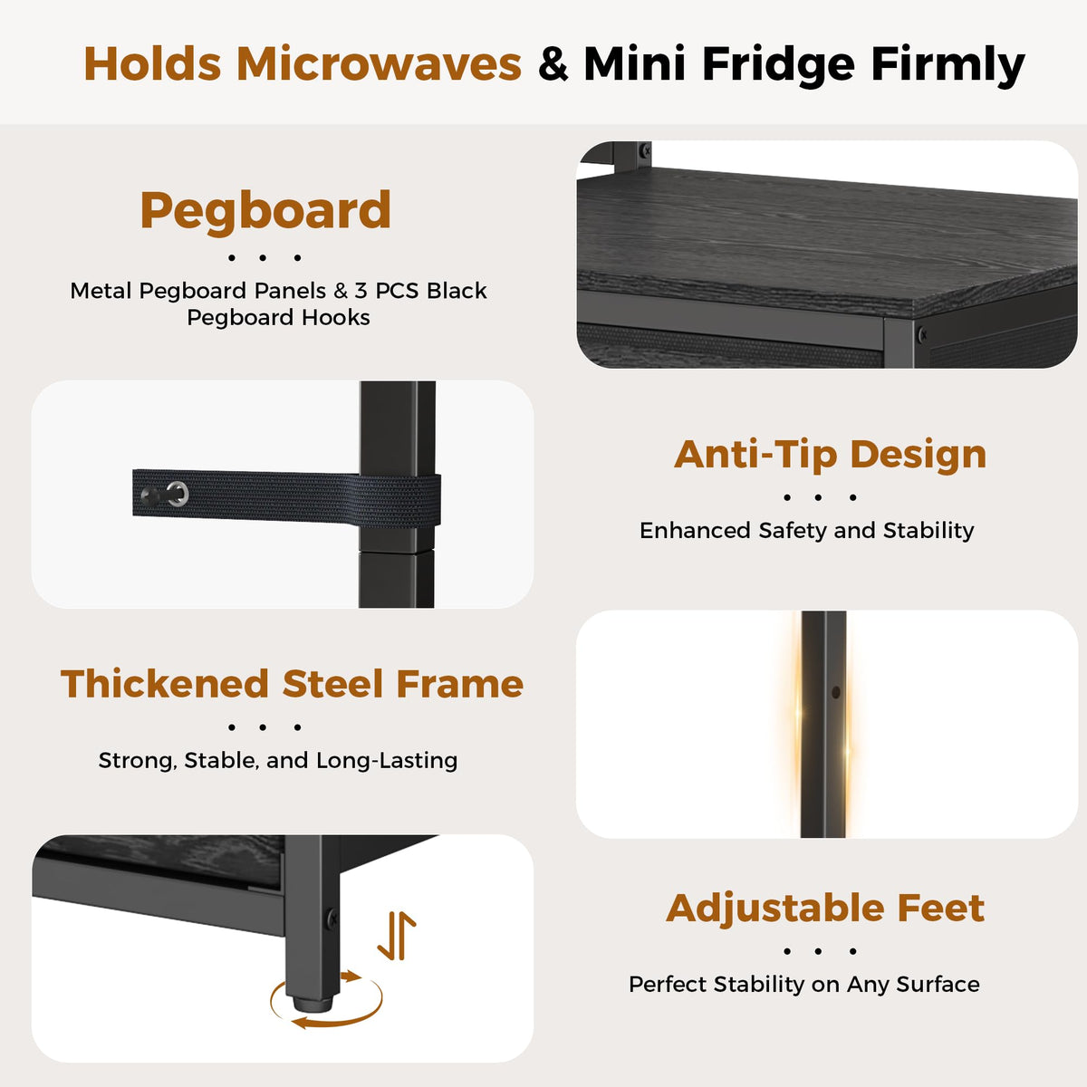 PyroLog Mini Fridge Stand with Adjustable Shelf, Power Outlet & Storage, Kitchen Organizer for Microwave, Coffee Bar, Dorm, Office (Black)
