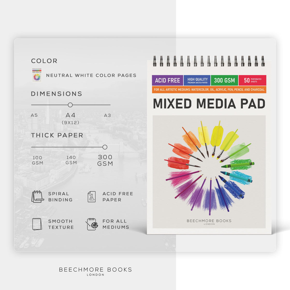 Beechmore Books 9"x12" Watercolor Sketchpad - Professional Spiral Bound Sketchbook, 50 Sheets 300 GSM / 140 lb Heavyweight Acid-Free Paper, Micro-Perforated for Acrylic, Gouache and Mixed Media