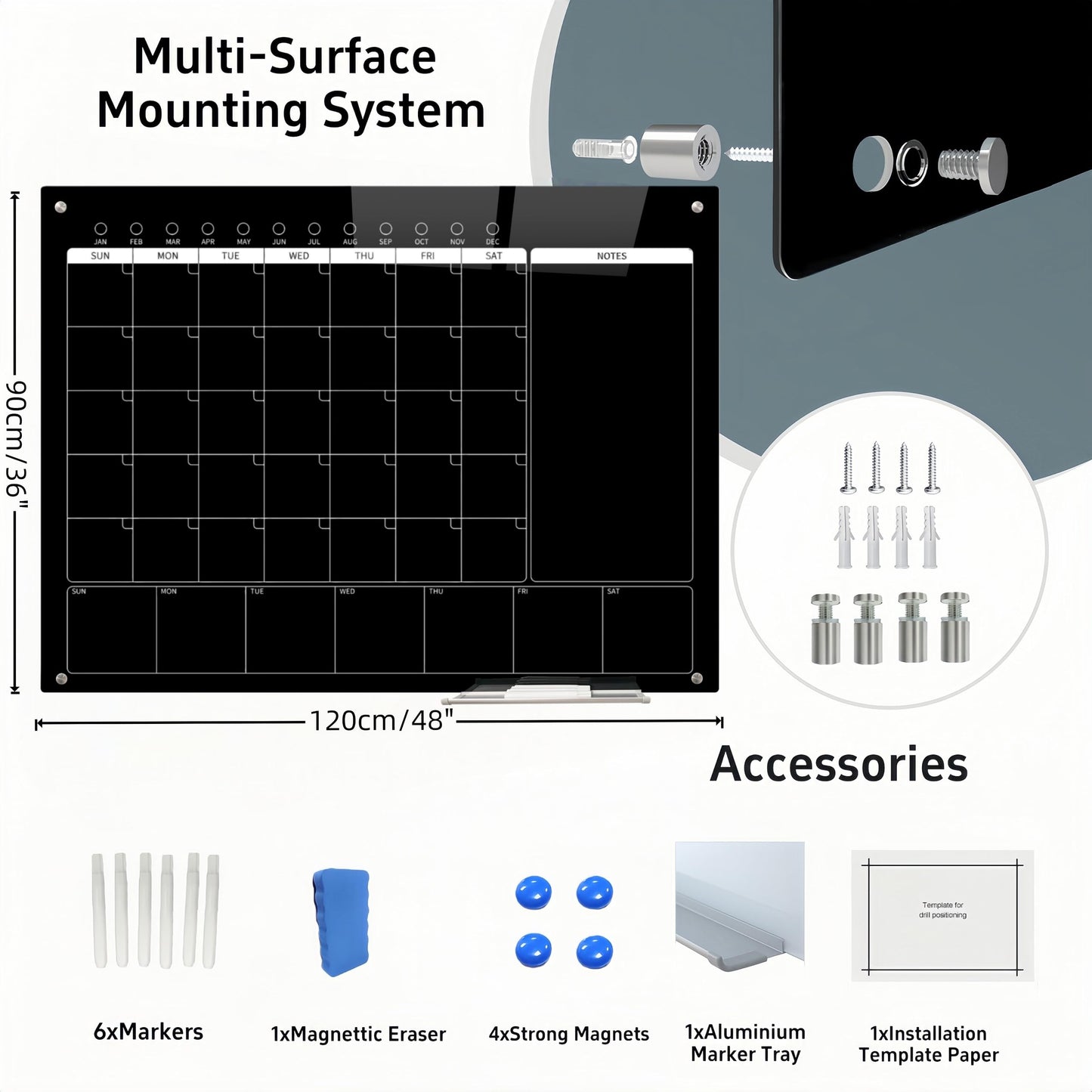48" x 36" Magnetic Black Glass Calendar 3-in-1 Monthly & Weekly Planner - Frameless Premium Tempered Dry Erase Board for Office or Home Kitchen (Includes 6 Markers)
