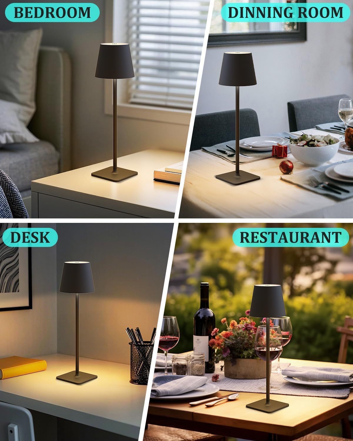 Fizrice Cordless Table Lamp Rechargeable Lamps: 6000mAh Battery Operated Table Lamp Outdoor Waterproof, Touch Control, Portable Wireless Desk Lamp for Dinner/Bedroom/Restaurant(Black 2 Pack)