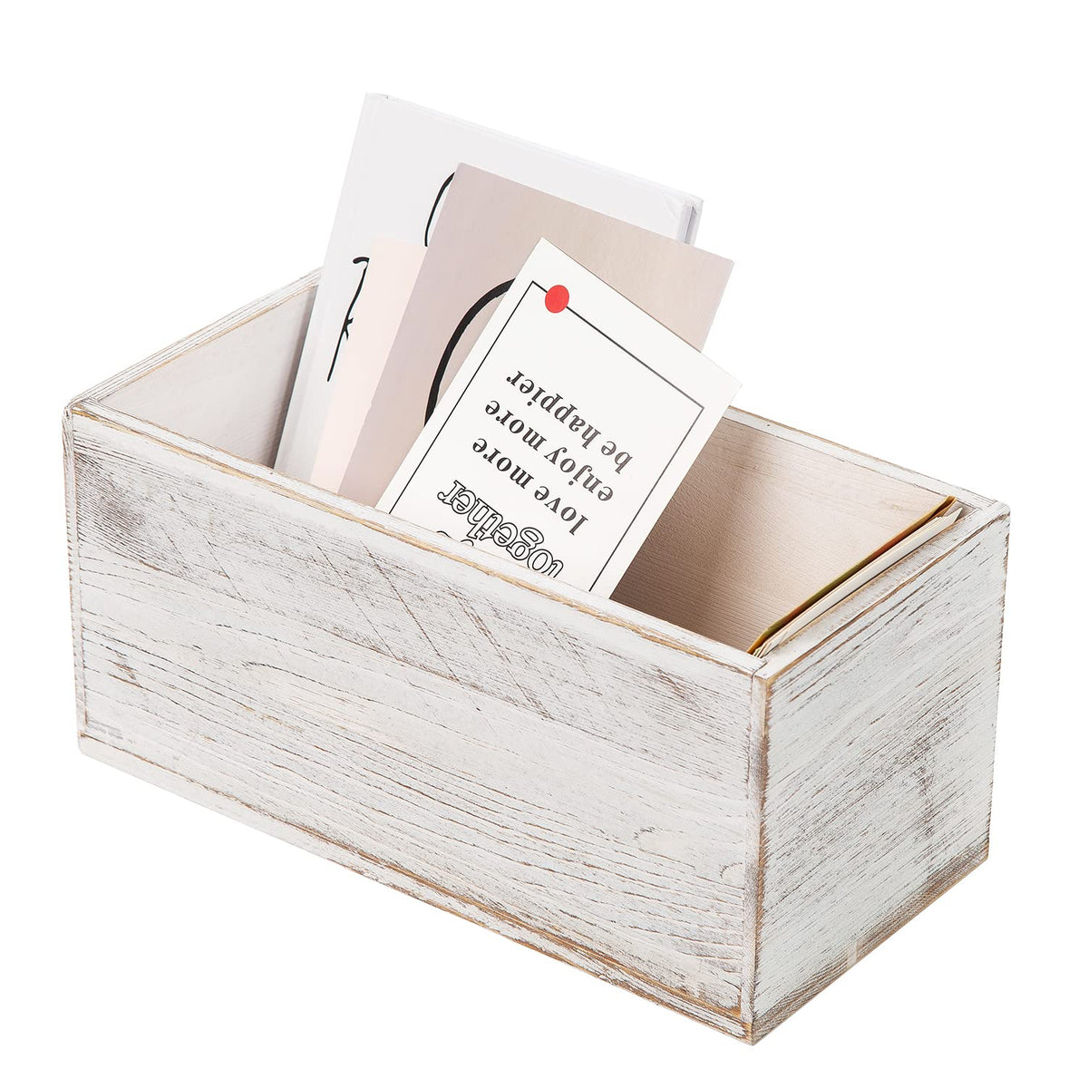ExoLiry Rustic White Washed Wood Mail Box Storage Holder File Organizer Tabletop Wooden Basket Letter Script Design Envelope Folder Decorative Container Desk Home Office Entryway Bedroom Living Room