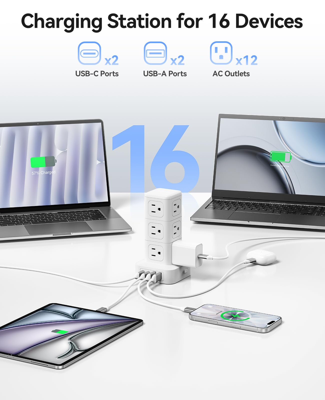 ORICO Tower Power Strip with Surge Protection, Charging Station Tower with 12 AC Outlets 4 USB Ports (2 USB C), Space Saving Design, 5FT Tower Extension Cord for Home, Office, Dorm - TPP20