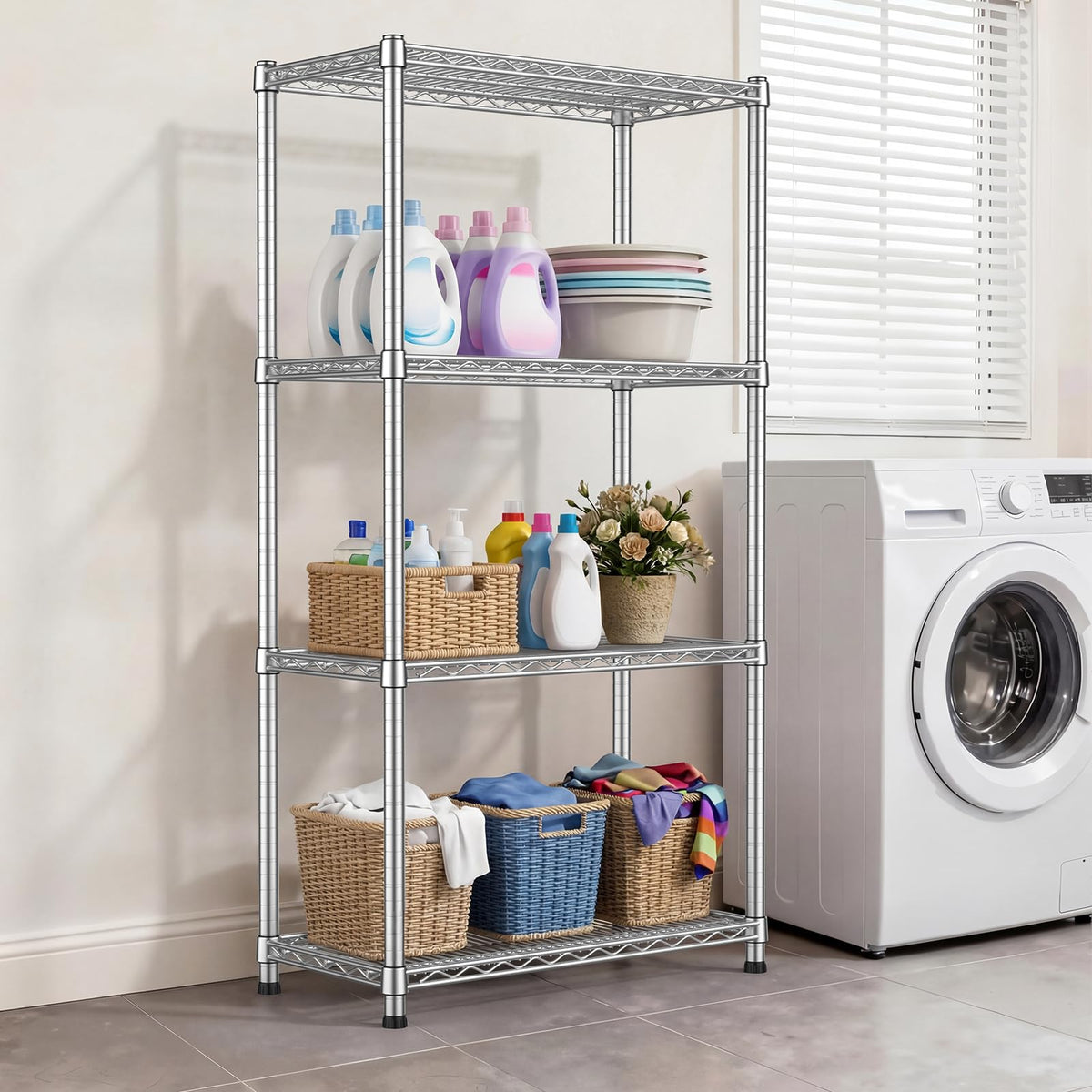 4-shelf Metal Wire Shelving Unit Heavy Duty Storage Shelves Adjustable Steel Shelf Wire Rack 2200LBS Metal Flower Stand Laundry Shelf organization for Garage Pantry Warehouse 13.8"Dx30"Wx59.06"H