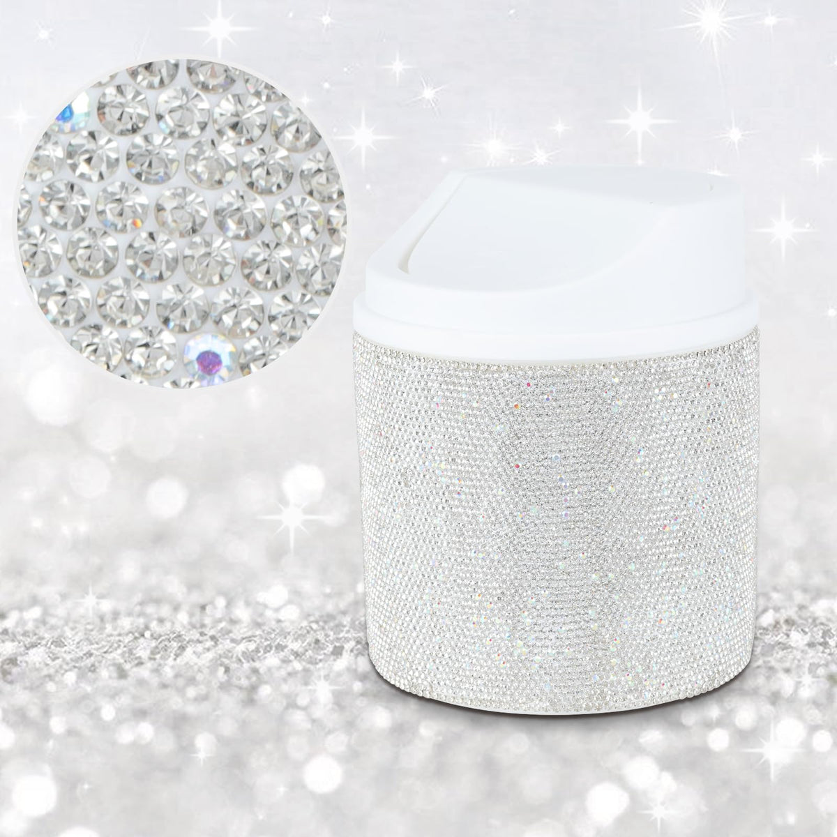 KEYPOWER Bling Rhinestone Mini Plastic Trash Can Cute Small Waste Can with Swing Lid,Suitable for Home Countertop,Car,Table Desk,Office (White)