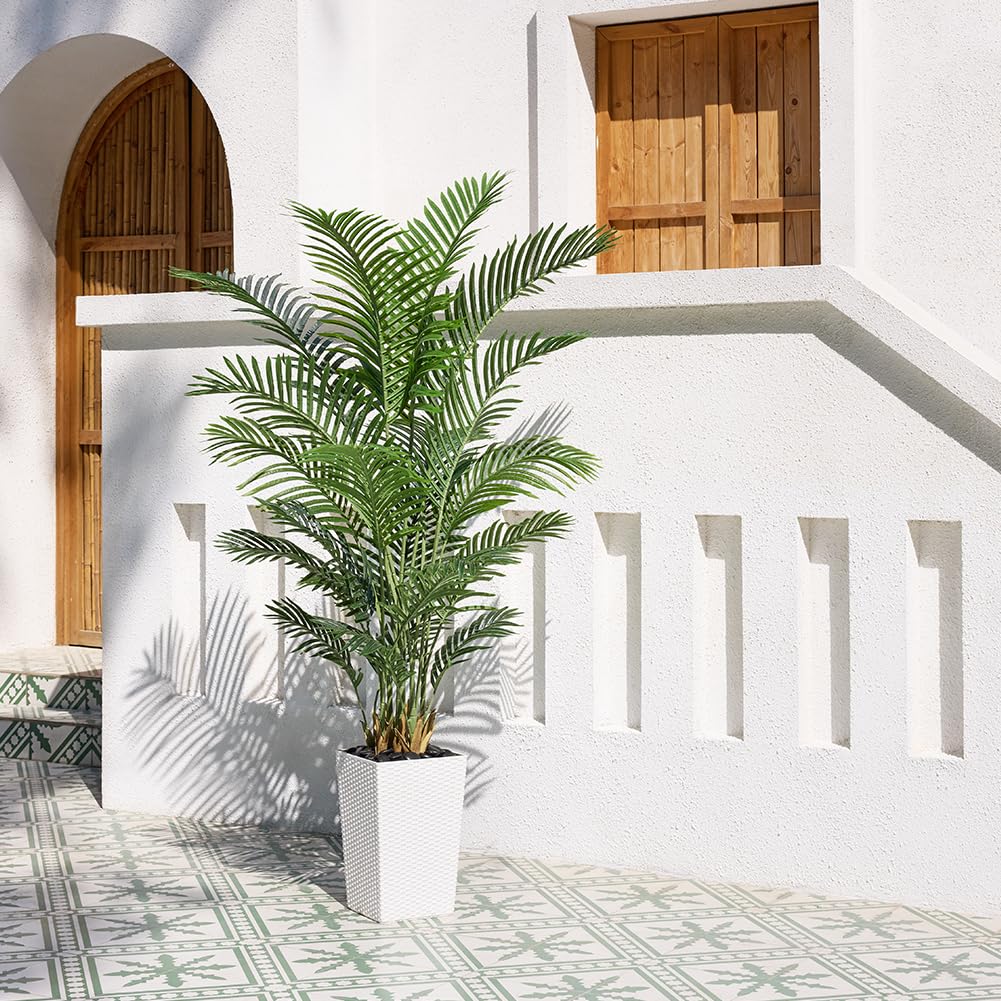 VeriNatural 6FT Artificial Palm Tree - Tall Fake Tree with White Taper Planter & Pebbles, UV Resistant for Indoor & Outdoor Decor - Large Potted Faux Plant for Living Room, Office, Home Decor,VN130