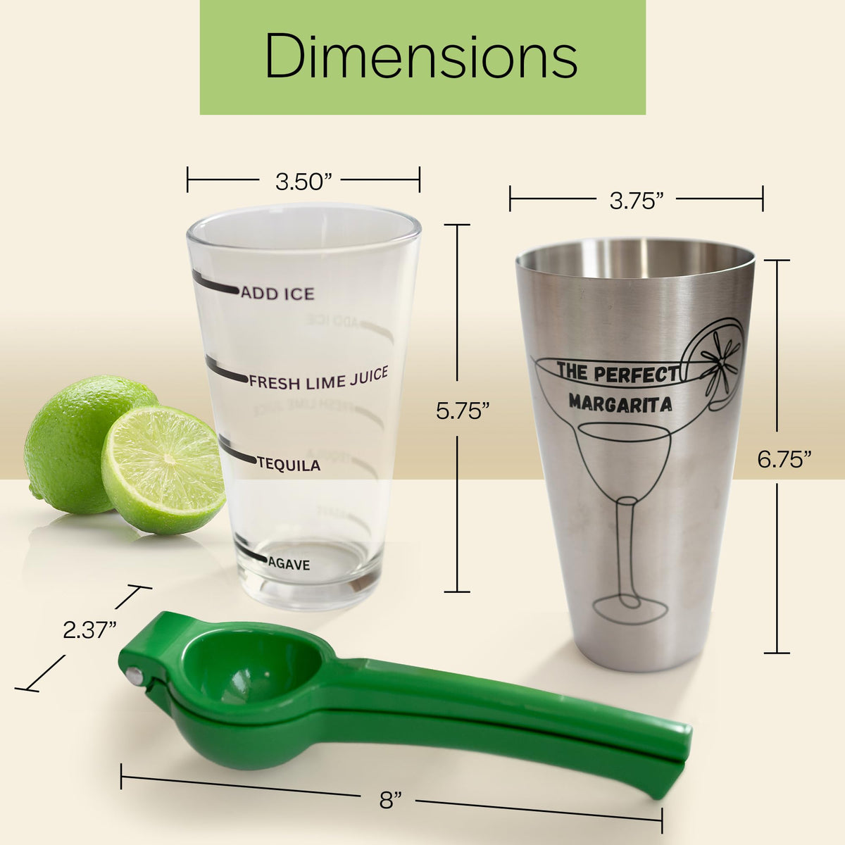 The Perfect Margarita | Easy to Use Margarita Cocktail Shaker Kit | Single & Double Recipes | No Jiggers or Measuring Tools Needed | Bartender Quality Shaker and Hand Juicer | Home Bar Accessories