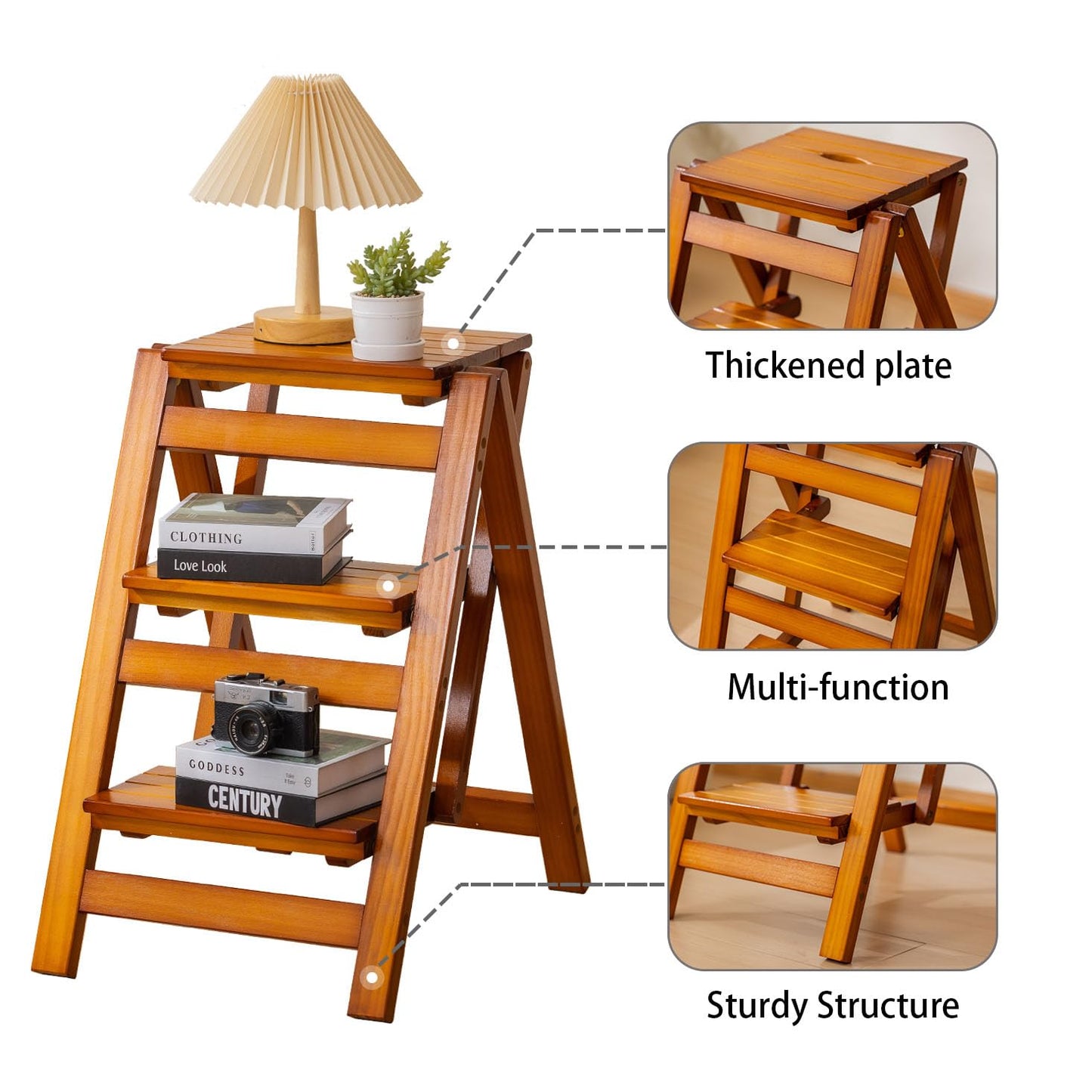 Latifolia Foldable 3 Step Ladder, Wooden Step Stool with Floor Saver, Decorative Ladder Shelf for Living Room, Kitchen, Garden(Walnut)