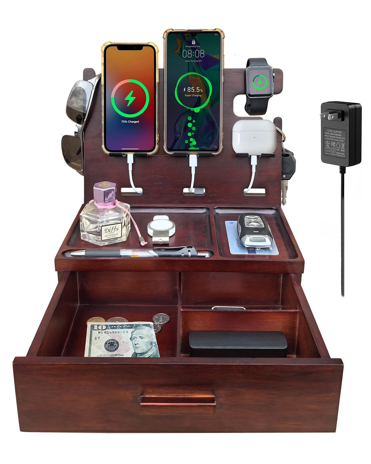 Xunhomon Wood Phone Docking Station with Drawer Nightstand Organizer for Men Dual Phone Charging Station for iPhone Samsung Google Desk Organizers Anniversary Birthday Gifts for Men Dad Him Husband