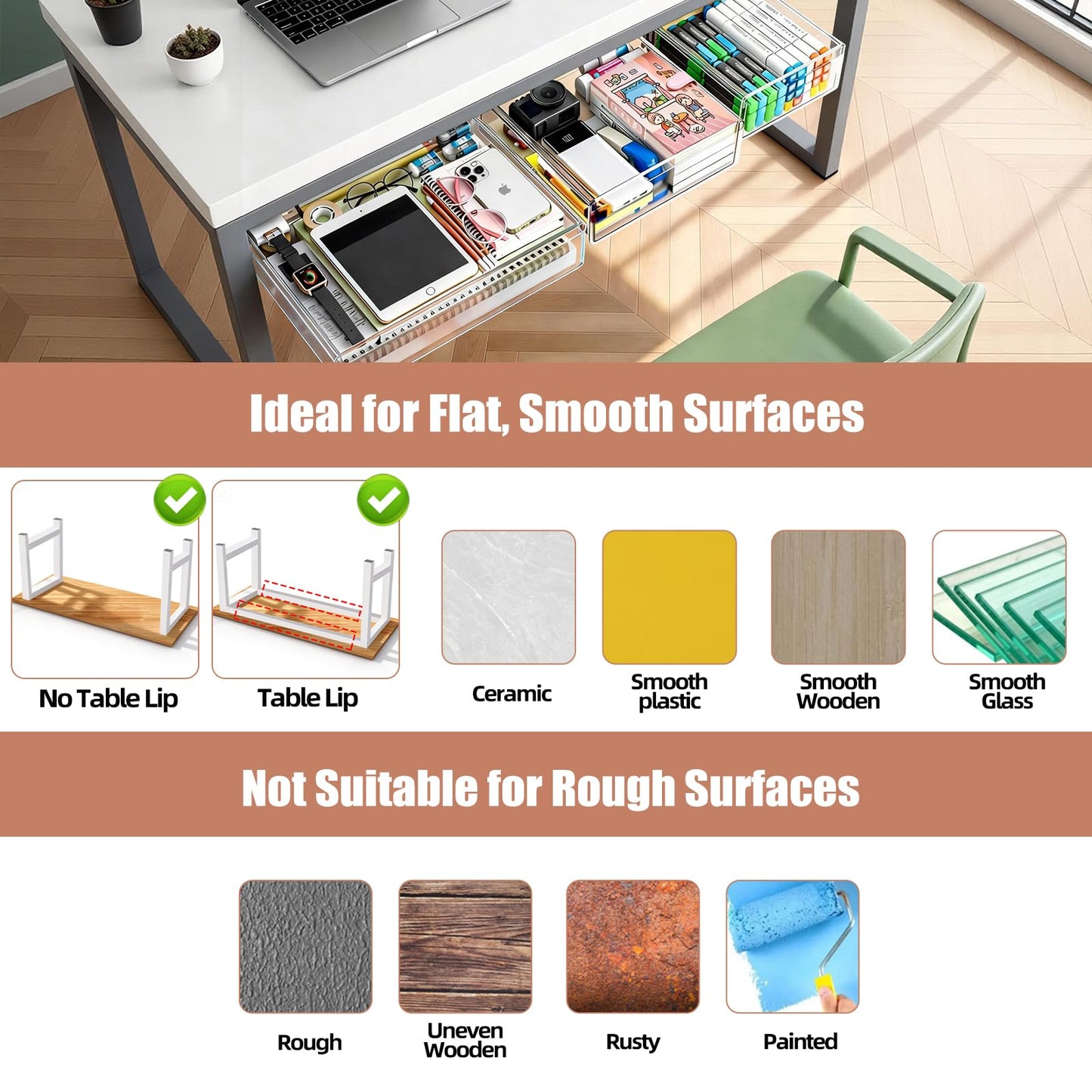 TooCust 3-Pack Under Desk Drawer for Desk with Frame & Beam, Fits Where Standard Drawers Can't, 52mm Heightened Slide Out Organizer, Dual Adhesive or Screw Mount, Clear PET Under Table Storage