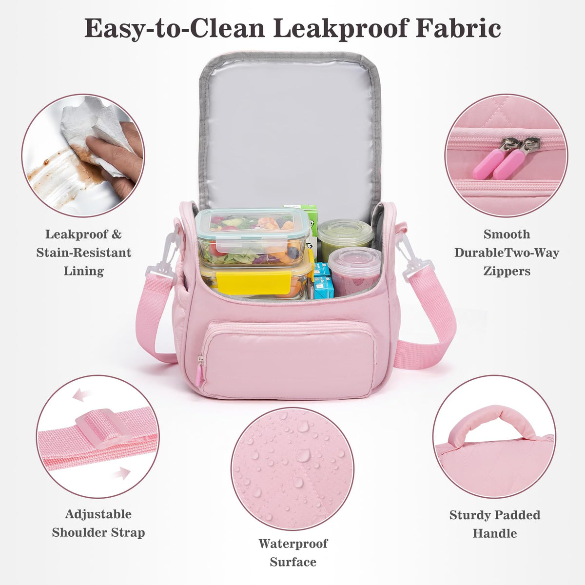 HASHMUST Lunch Bag for Women Adults, Portable Insulated Puffer Lunch Tote Bag, Reusable Leakproof Lunch Box Cooler with Handles For Work Picnic Travel Trip - Pink