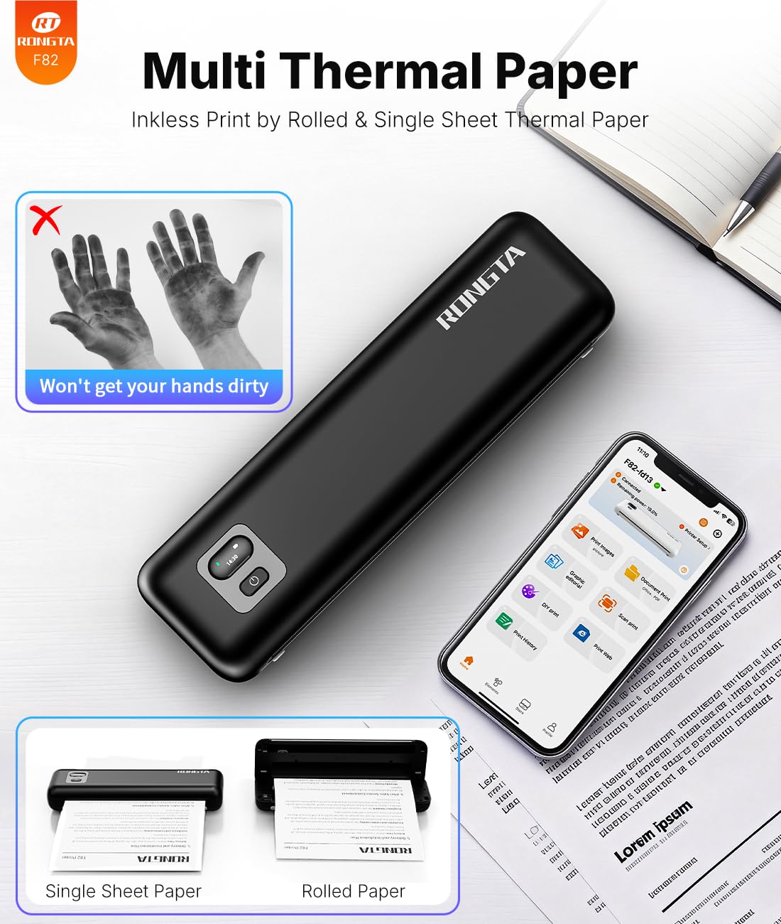 Rongta Portable Printer Wireless for Travel, Thermal Inkless Printers for 8.5"*11" US Letter, Compatible with Android iOS Smartphone, Mac Windows Laptop (Black, 1 Printer + 1 Roll Thermal Paper)