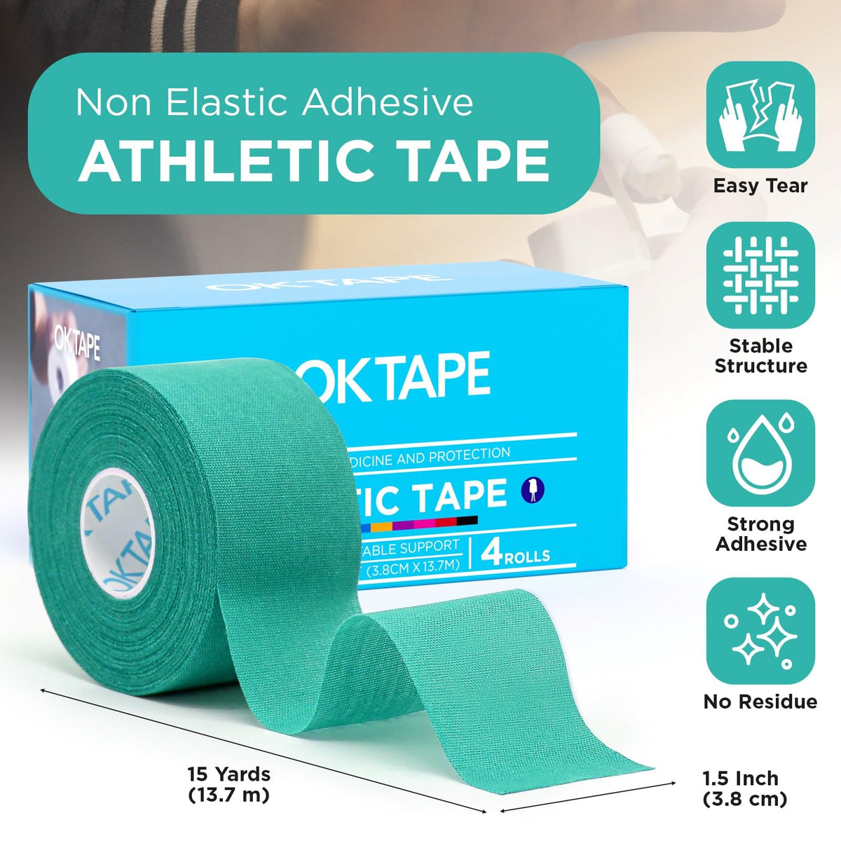 OK TAPE 4 Rolls Athletic Tape, Sports Tape for Injuries, Rigid, Easy Tear Medical Tape, Wrist Tape, No Sticky Residue | Secure Ankle, Finger, Knee- 1.5inch x 15yards (Teal Blue)