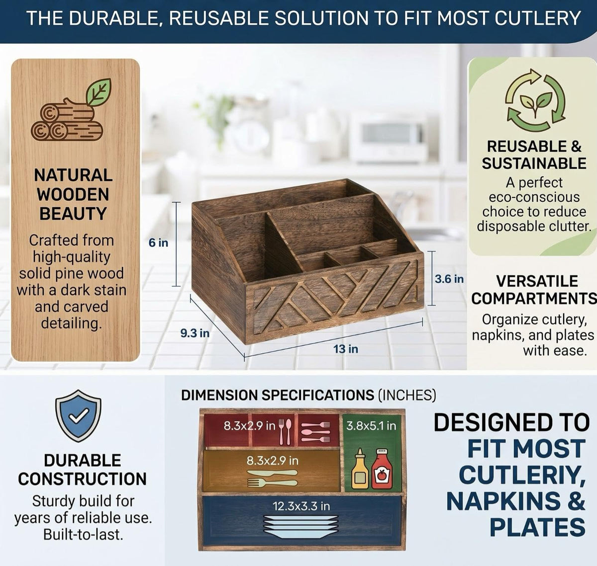 Mystery Magic Wooden Paper Plate & Cutlery Organizer Kitchen Countertop Hold Plates, Cups, Napkins, Forks & Spoons Farmhouse Rustic Tableware Organizer