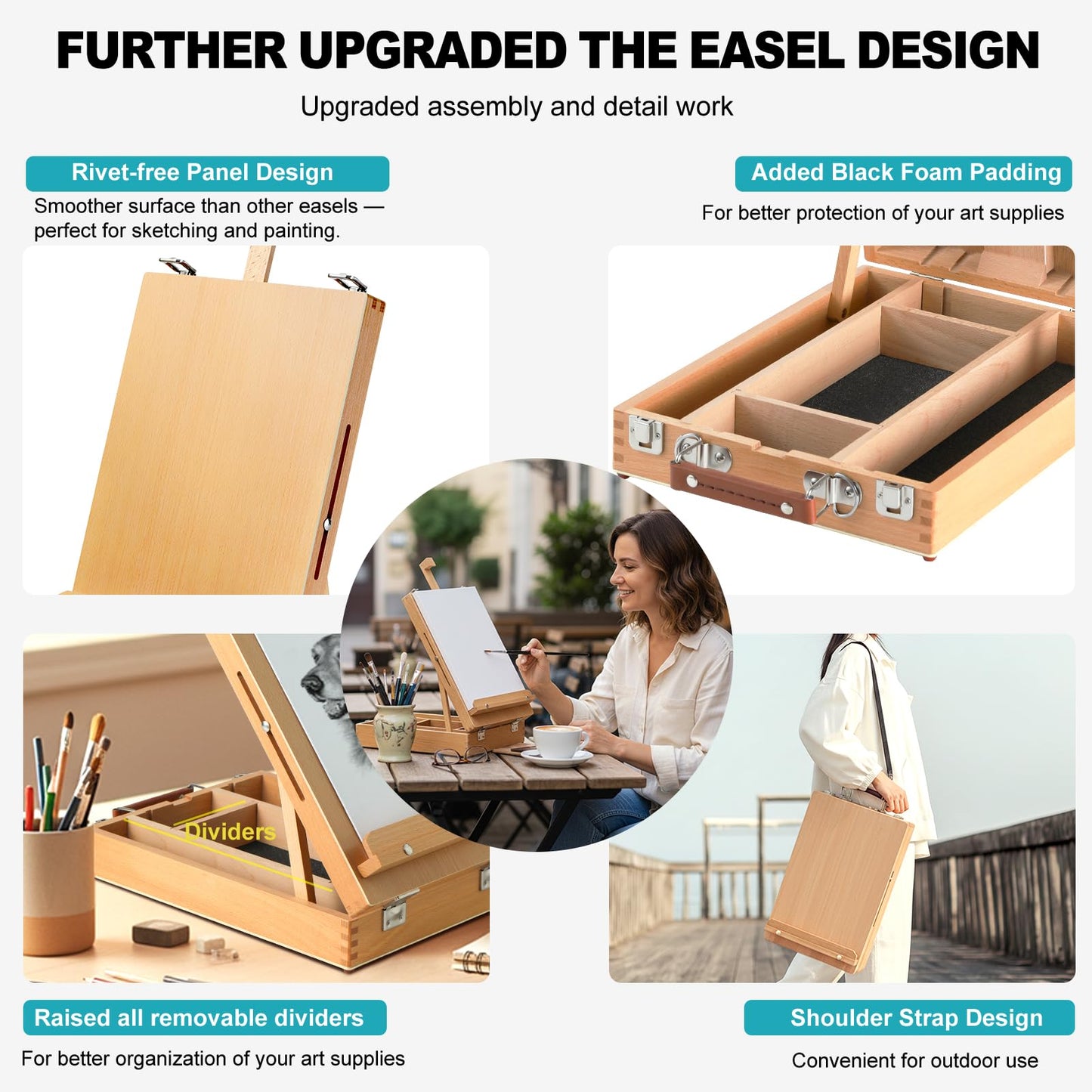 Beechwood Tabletop Easel for Painting, Portable Adjustable Sketchbox Art Easel Stand with Detachable Shoulder Strap for Beginners and Art Lovers