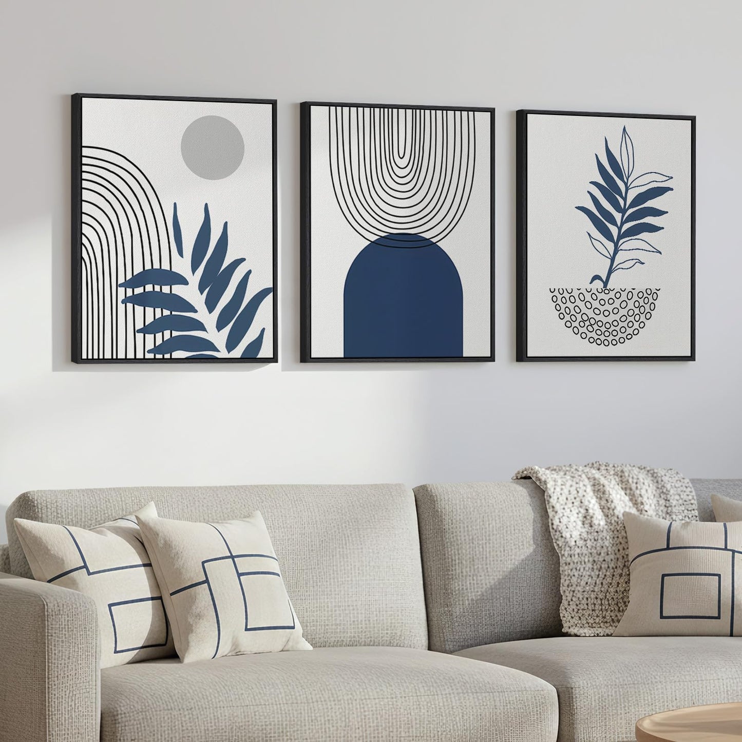 Framed Blue Boho Wall Art for Room Decor, 3 Piece Botanical Line Artwork for Walls, Mid Century Modern Blue Canvas Pictures Prints for Living Room Bedroom Hallway Office Apartment Wall Decor, 12x16 In