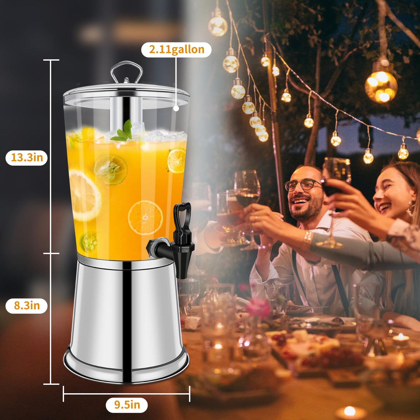 FULIYE Beverage Dispenser with Stand, Drink Dispensers for Parties, Beverage Dispenser with Ice Container, 2.2 Gallon/8L, Clear Acrylic Stainless Steel Lemonade Dispenser for Buffet, Café, Bar
