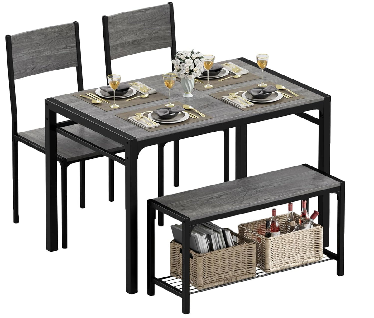 JUMMICO 43.3" Dining Table Set for 4, Kitchen Table with Bench & 2 Chairs Modern Rectangular Metal Frame Dining Furniture Set for Small Space (Grey)