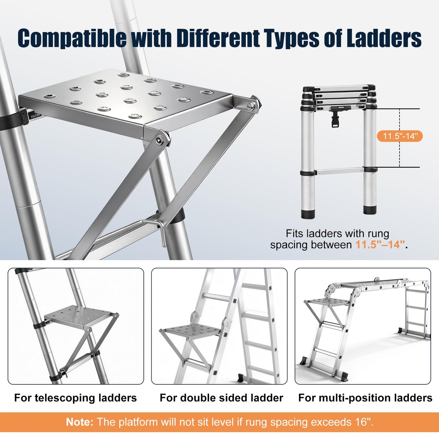 Innvist Ladder Platform for Standing, Extension Ladder Work Platform, Foldable Anti-Slip Ladder Platform Accessory for Paint and Tool, Ladder Step Attachment Project Tray, Alloy Steel Holds 400lbs