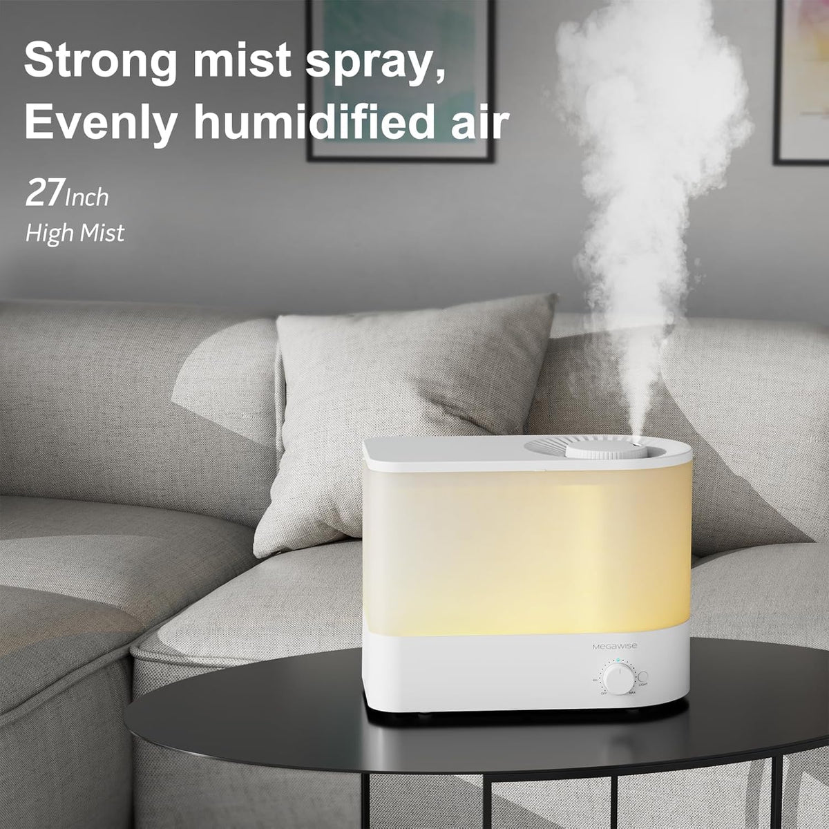Megawise Cool Mist Ultrasonic Humidifier, Adjustable Mist Control, Quiet Operation, With a 6L top-fill tank and 50-hour runtime(White)