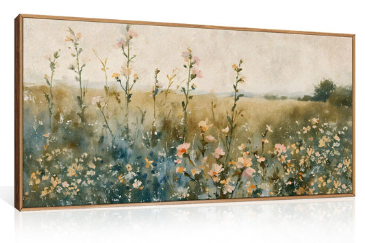 HLNIUC Vintage Watercolor Wildflower Landscape Horizontal Wall Art Framed, Large Retro Floral Wall Decor(20x40), Nature Wilderness Farmhouse Rustic Field Canva Painting for Living Room,Bedroom, Office