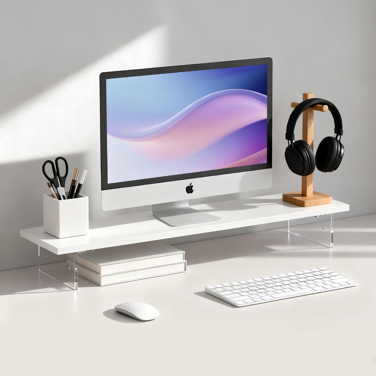 seicasaya Wood Monitor Stand Riser with Acrylic Legs, Computer Screen Stand Desk Organizer, 31.5 x 7.9 x 3.1 inch, Hold up to 66 lbs (White, 31.5"×7.9"×3.1")