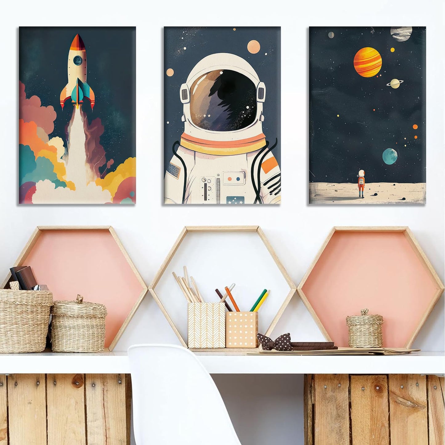 3Pcs Astronaut Wall art Nursery Space Adventure Posters Prints Rocketship Wall Decor Explore Dream Galaxy Canvas Prints Funny Planet Painting for Boys Girls Kids Bedroom Living Framed