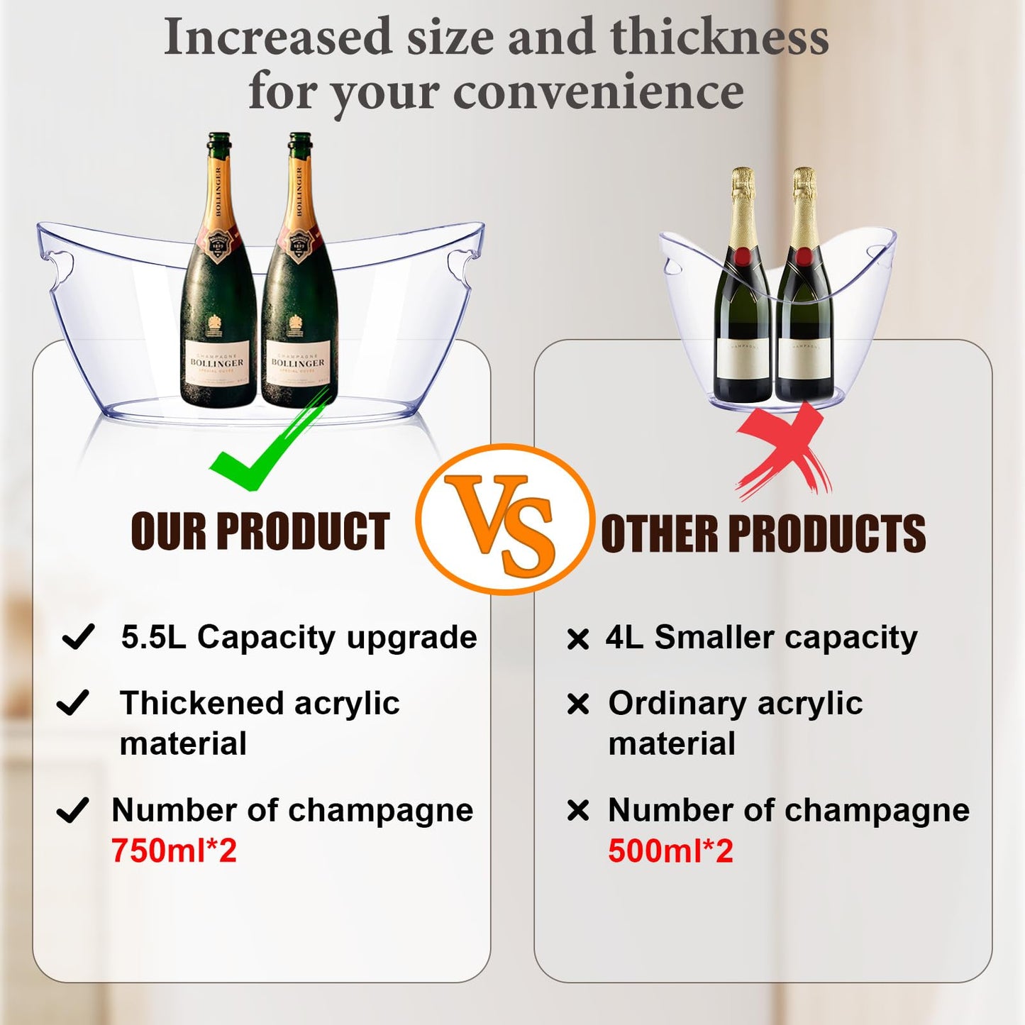 Ice Bucket 2 PCS, Thickened Ice Buckets for Parties, Mimosa Bar Supplies Beverage Tub for Champagne Beer Sparkling Wine Cocktails（5.5L) 16.5 * 7.3 * 6.8inch