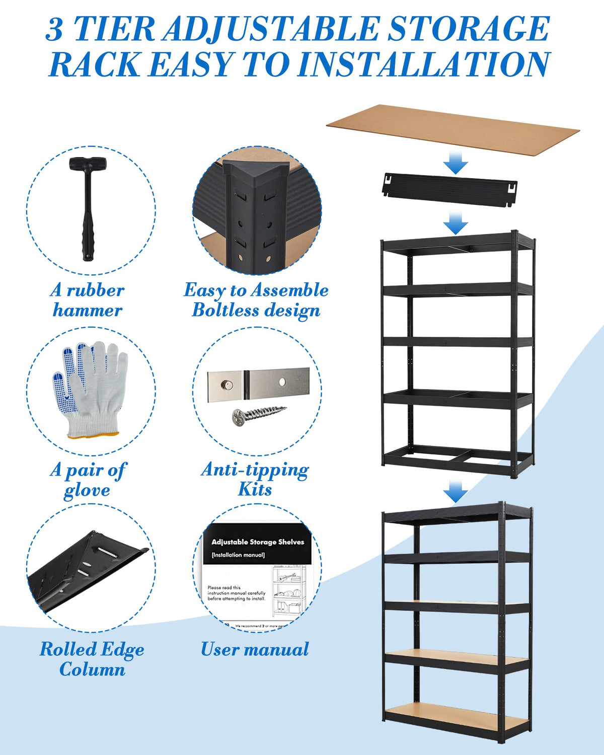 JoanKaren Heavy Duty Garage Shelving, 5-Tier Metal Storage Shelves, 48" x 18" x 72" Standing Shelving Unit, Adjustable Utility Rack for Kitchen Warehouse Industrial Basement