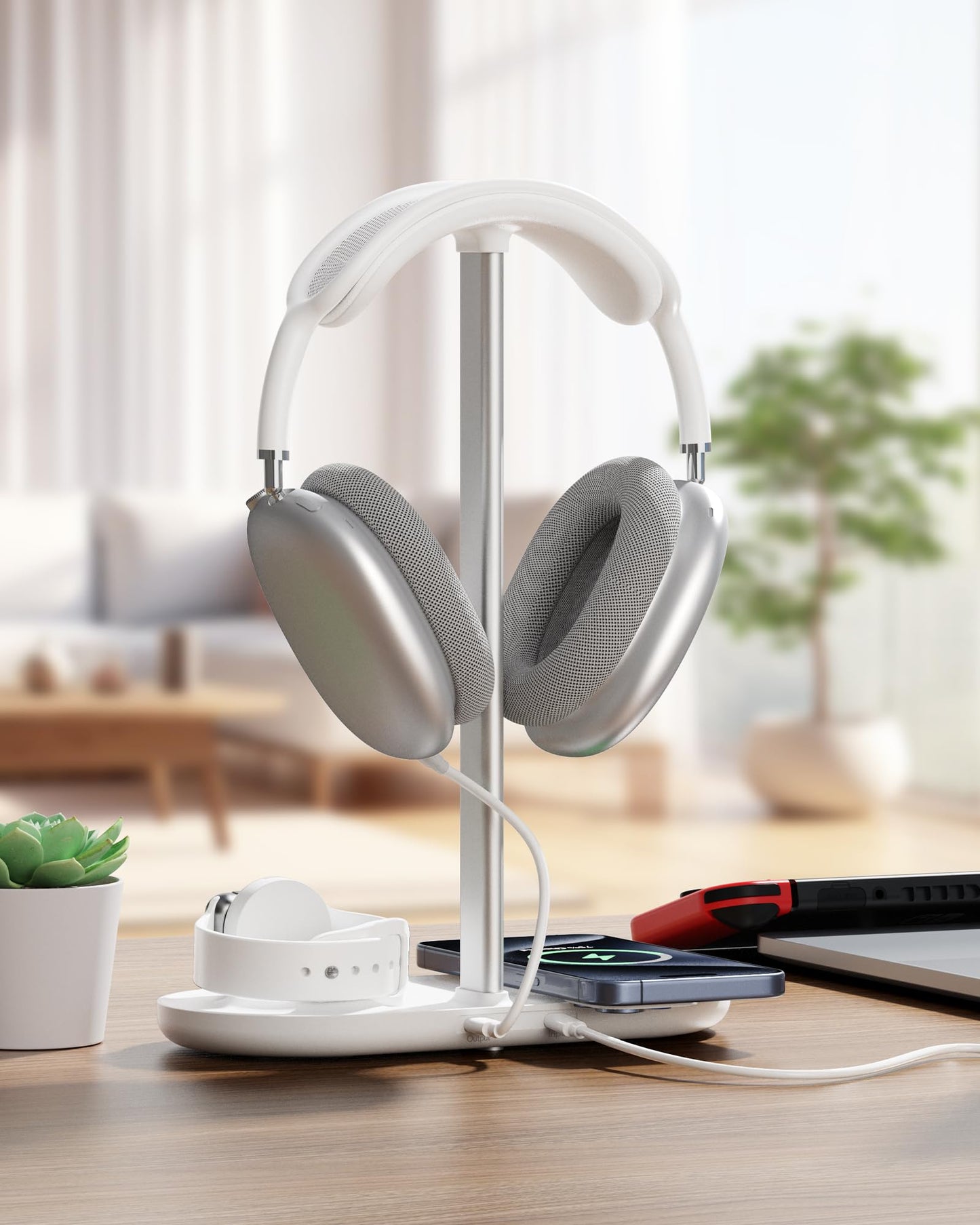 HiWe Headphone Stand, 2-in-1 Wireless Charger for iPhone/Apple Watch, Aluminum Alloy Rod, Minimalist Desk Organizer, White